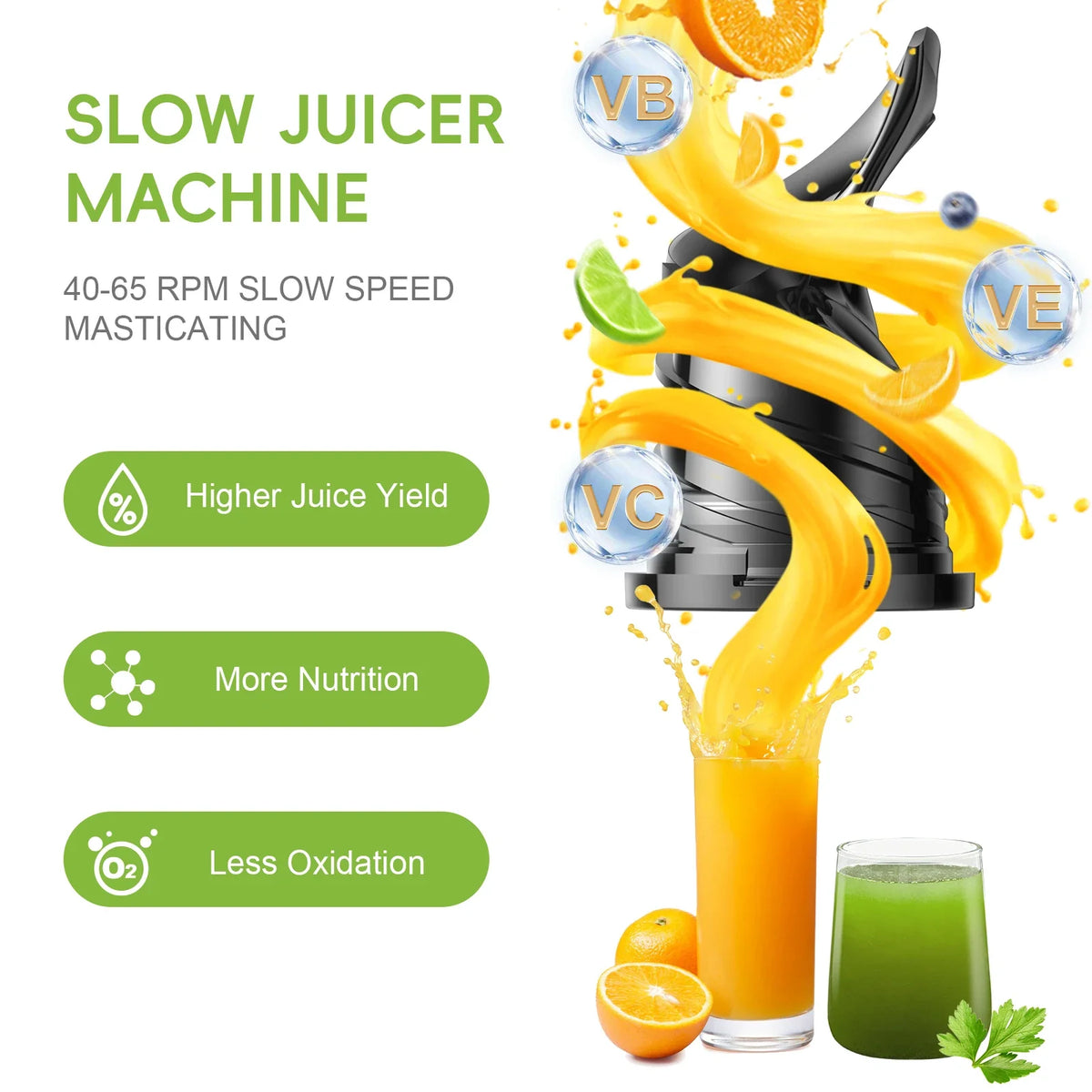 Cold-Press Juicer Slow Masticating 5.1 Inch Chute