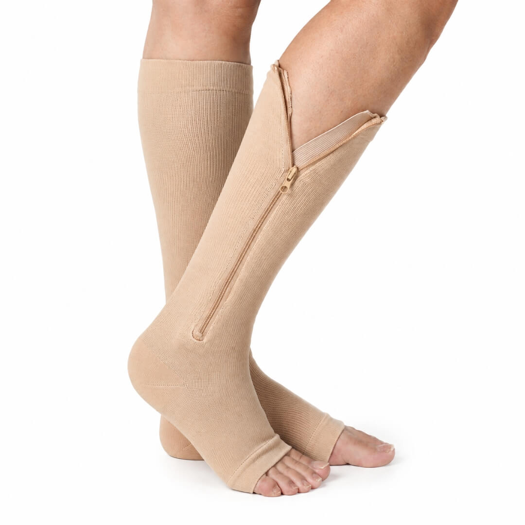 Compression Socks Knee-High 15-20 mmHg Open Toe & Side Zipper
