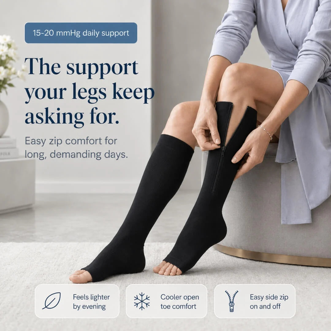 Compression Socks Knee-High 15-20 mmHg Open Toe & Side Zipper