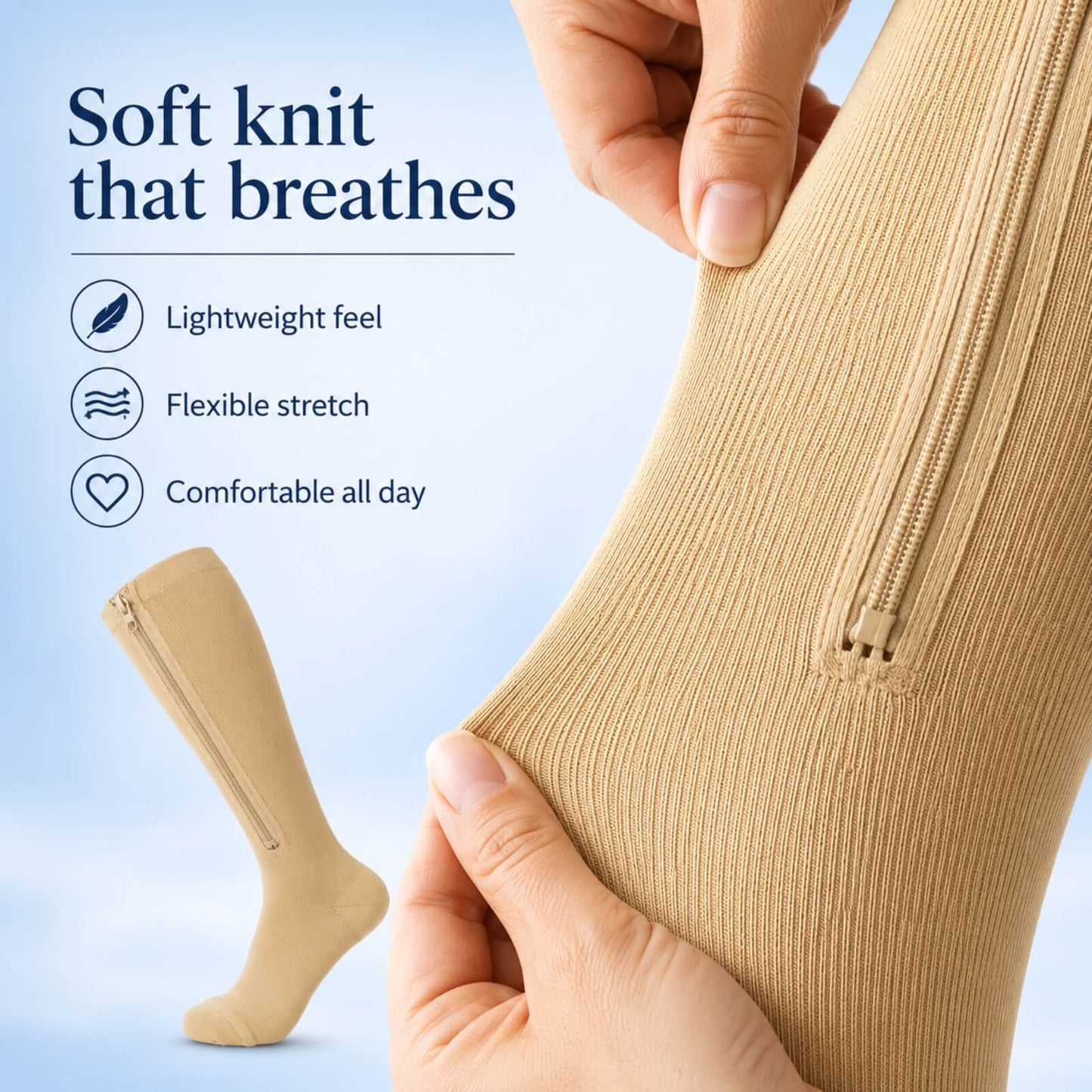 Compression Socks Knee-High Zipper Closure Graduated Support