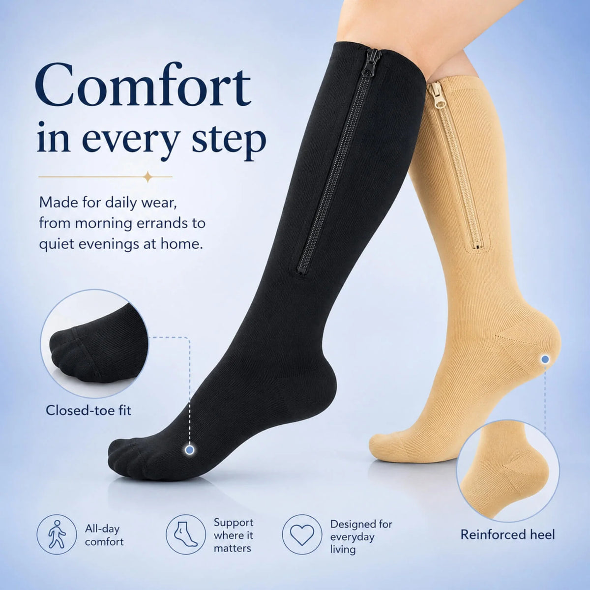 Compression Socks Knee-High Zipper Closure Graduated Support