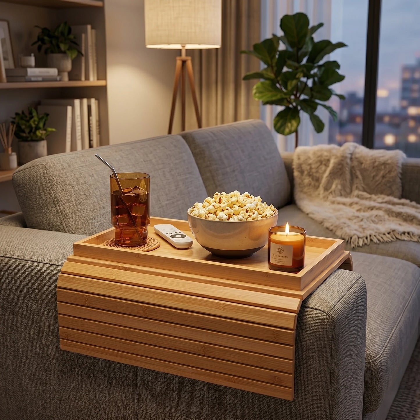 Couch Arm Tray Foldable Bamboo Cup Holder Phone Slot