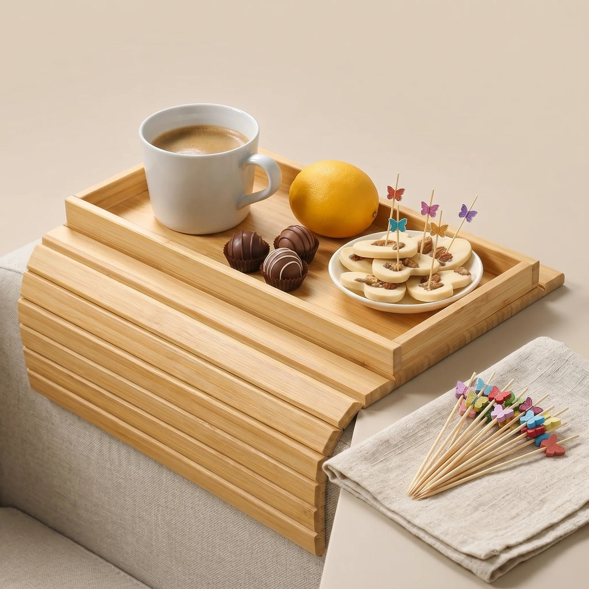 Couch Arm Tray Foldable Bamboo Cup Holder Phone Slot