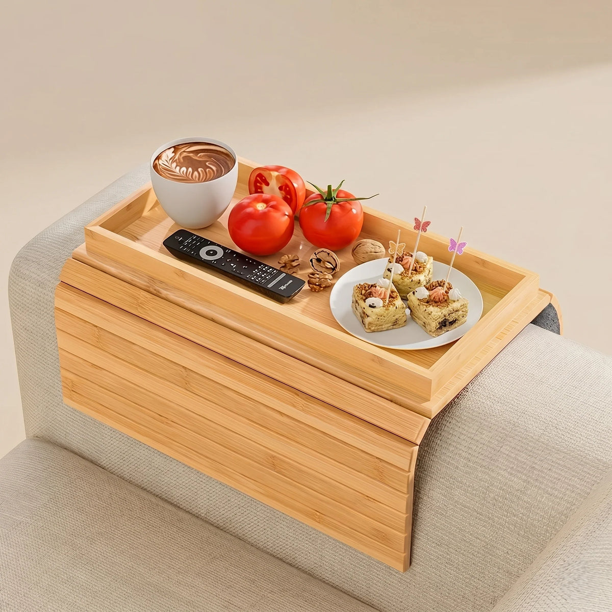 Couch Arm Tray Foldable Bamboo Cup Holder Phone Slot