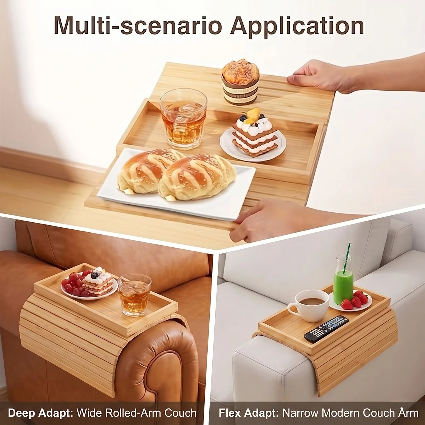 Couch Arm Tray Foldable Bamboo Cup Holder Phone Slot