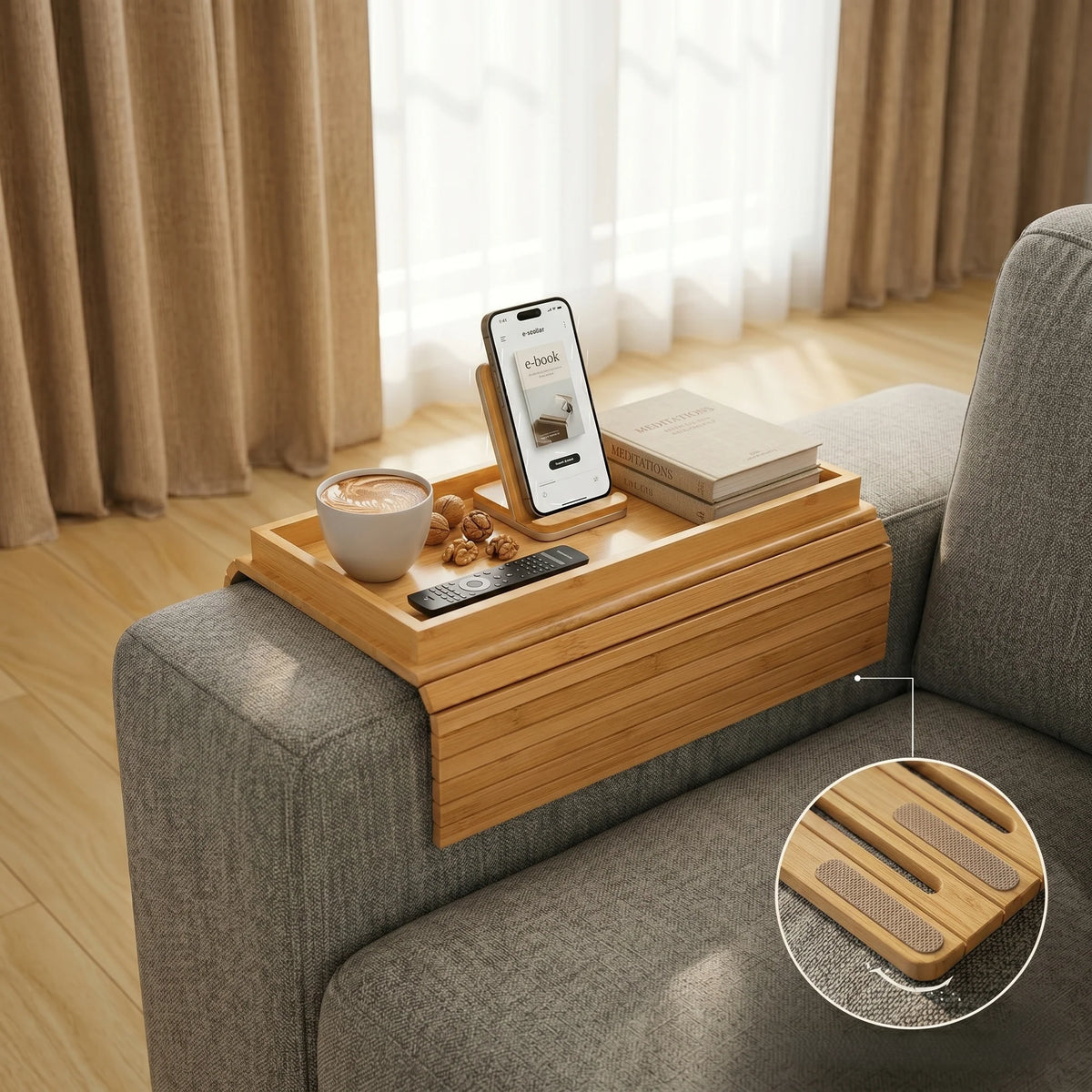 Couch Arm Tray Foldable Bamboo Cup Holder Phone Slot