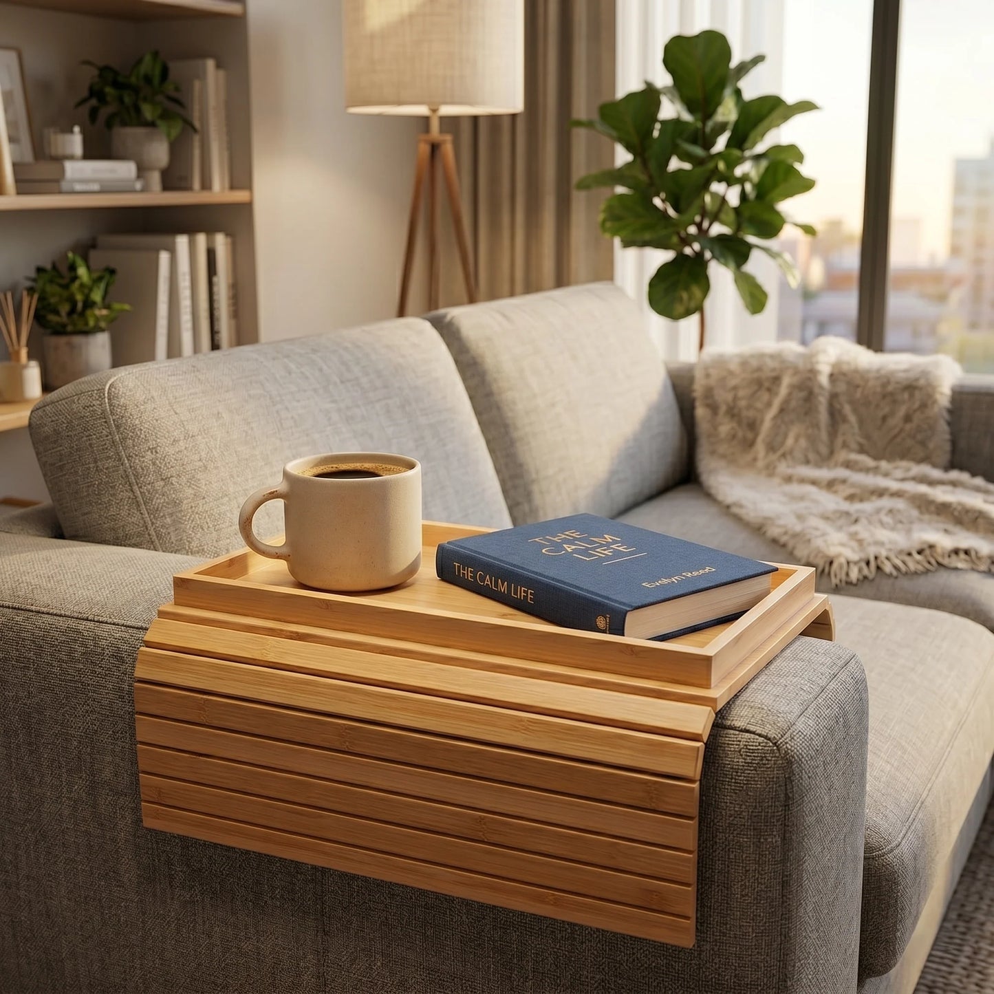Couch Arm Tray Foldable Bamboo Cup Holder Phone Slot