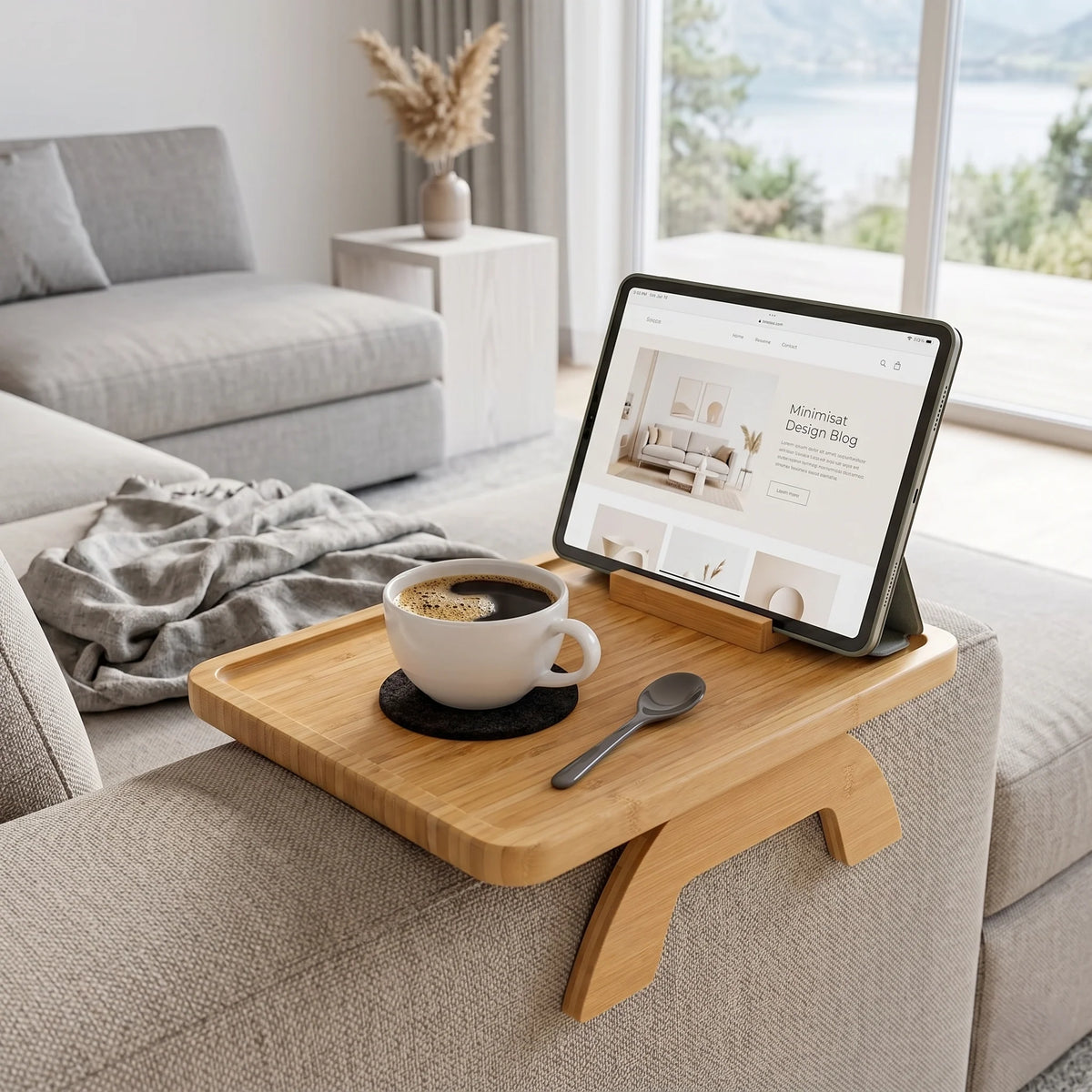 Couch Armrest Tray Table Bamboo Rotating Phone Holder
