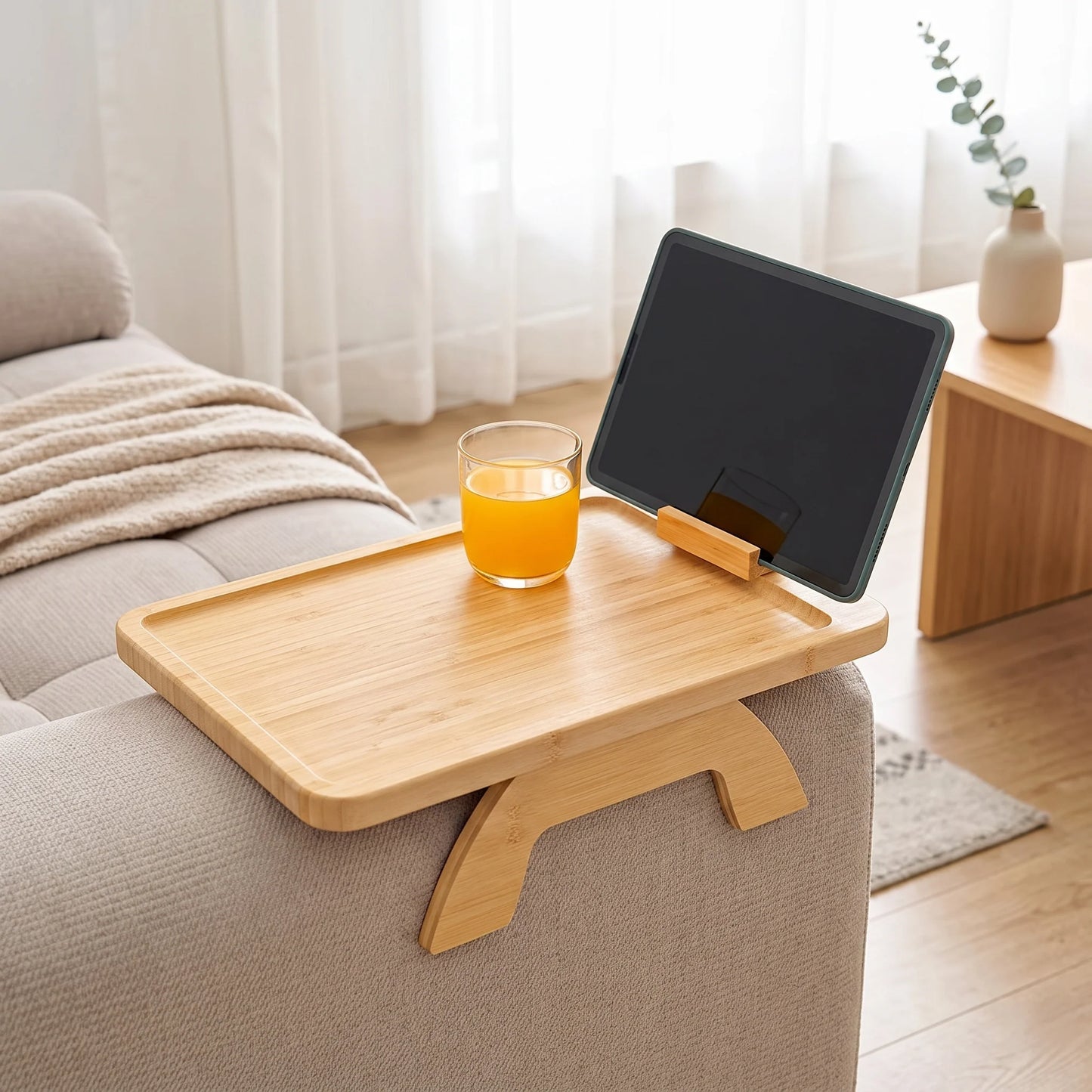 Couch Armrest Tray Table Bamboo Rotating Phone Holder