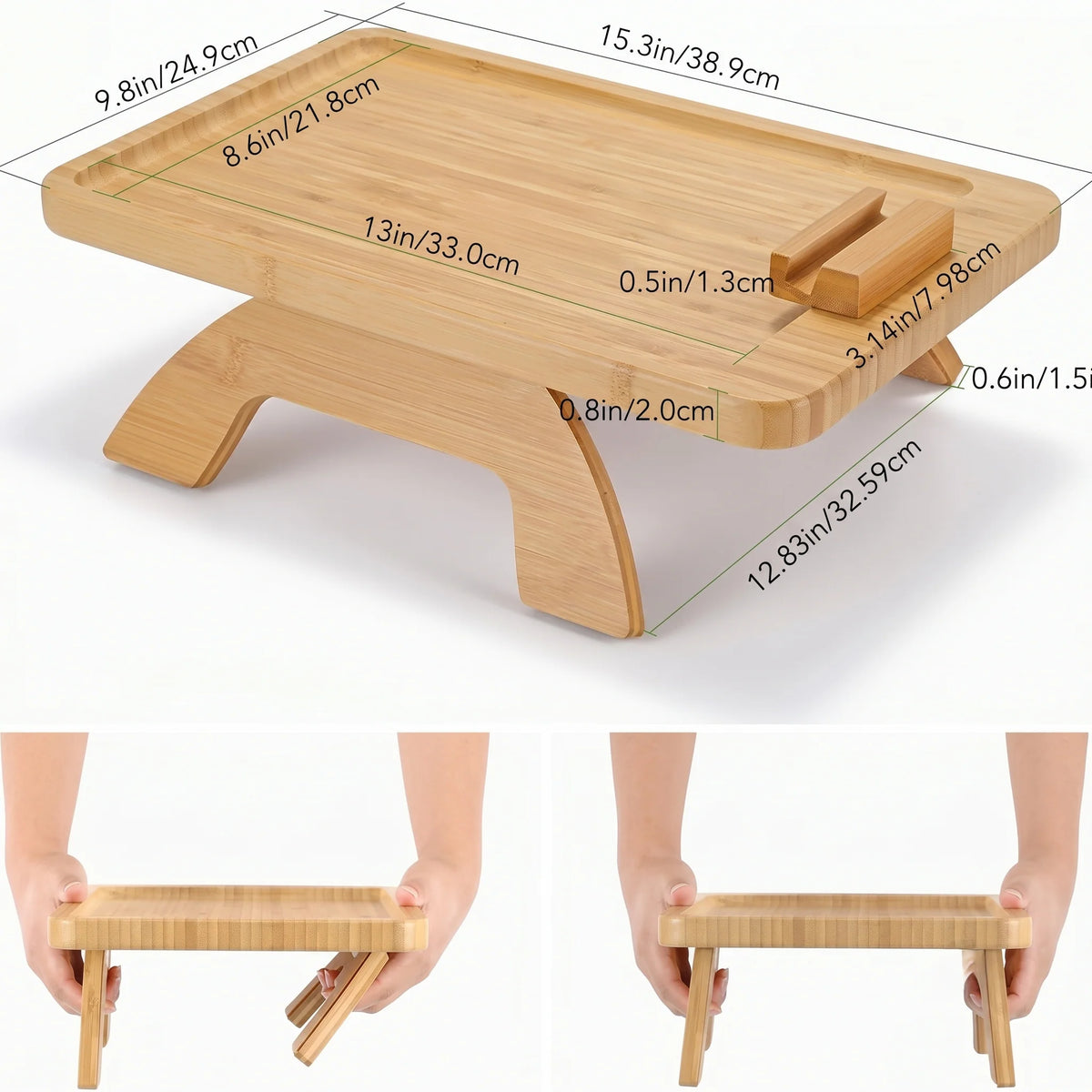 Couch Armrest Tray Table Bamboo Rotating Phone Holder
