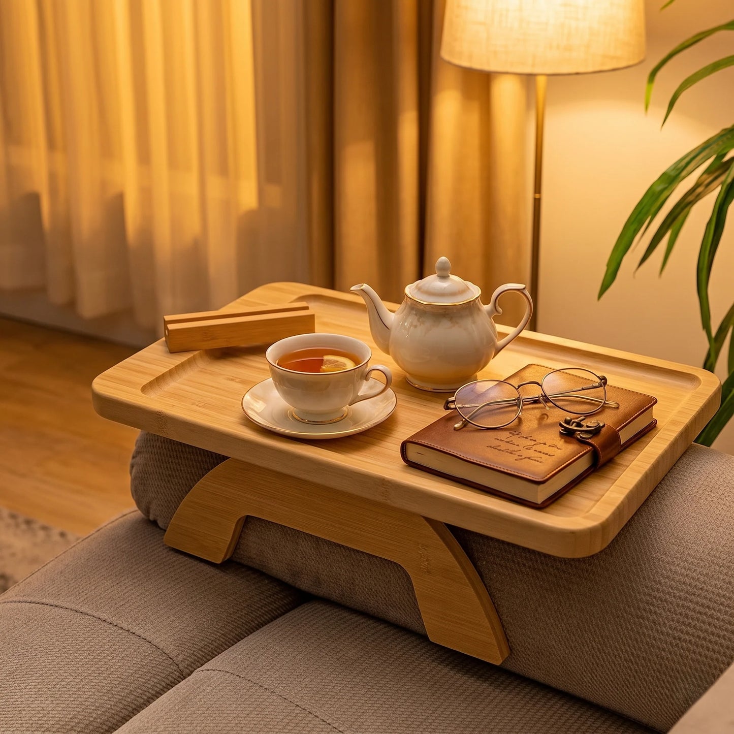 Couch Armrest Tray Table Bamboo Rotating Phone Holder