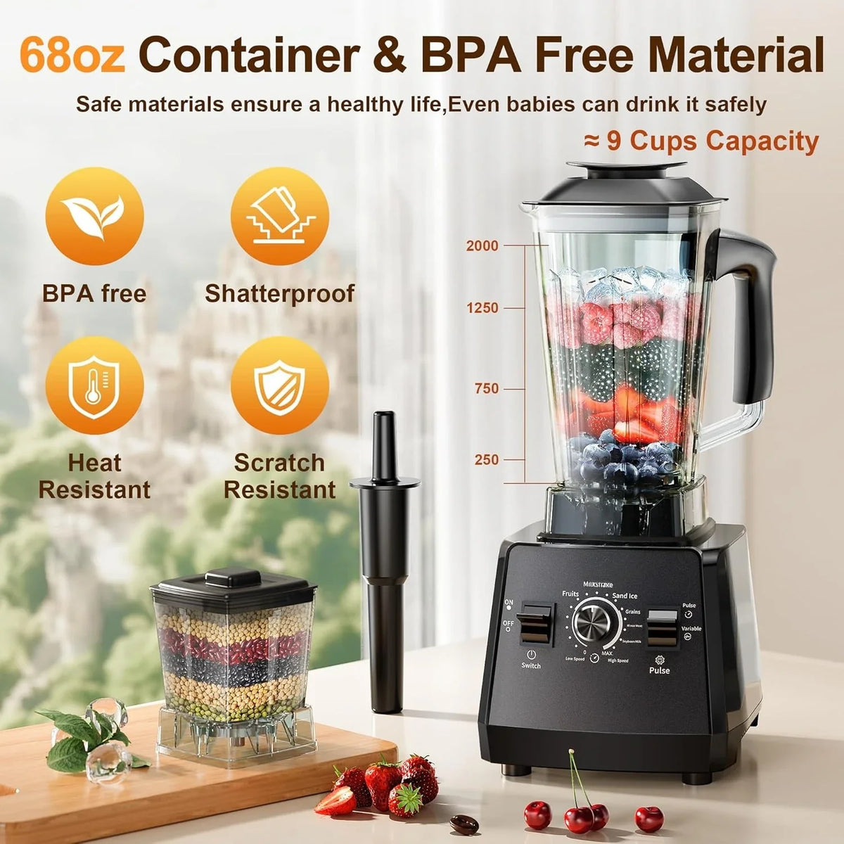Countertop Blender 2400W 68 Oz Pitcher & Grinder Jar