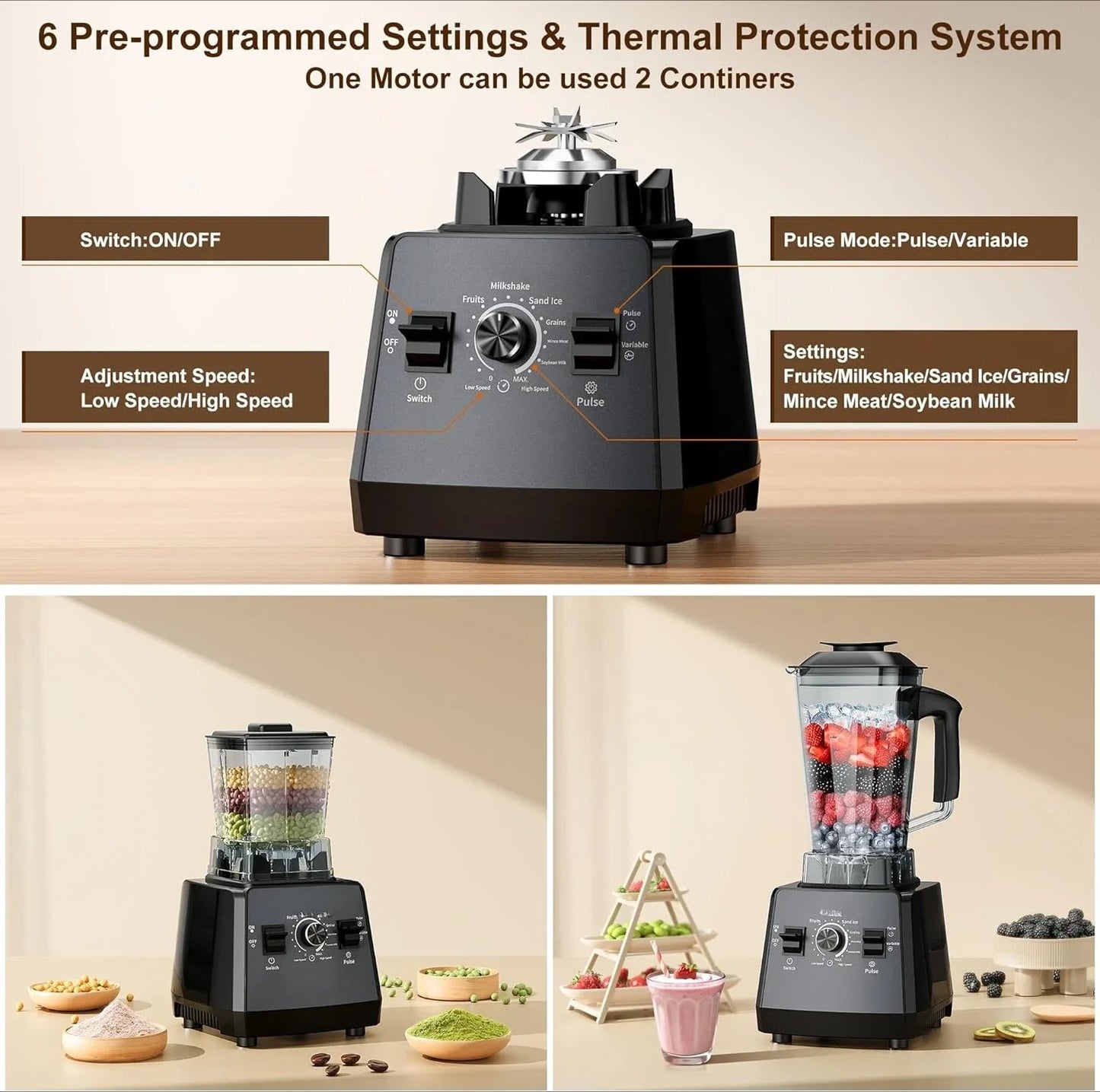 Countertop Blender 2400W 68 Oz Pitcher & Grinder Jar