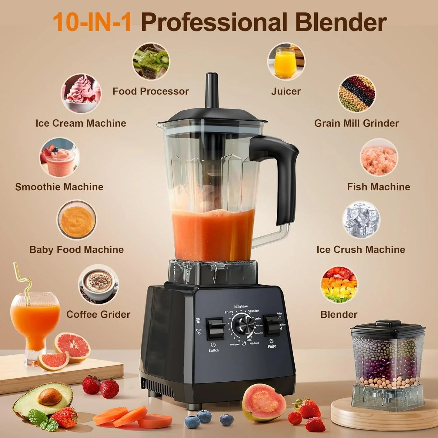 Countertop Blender 2400W 68 Oz Pitcher & Grinder Jar