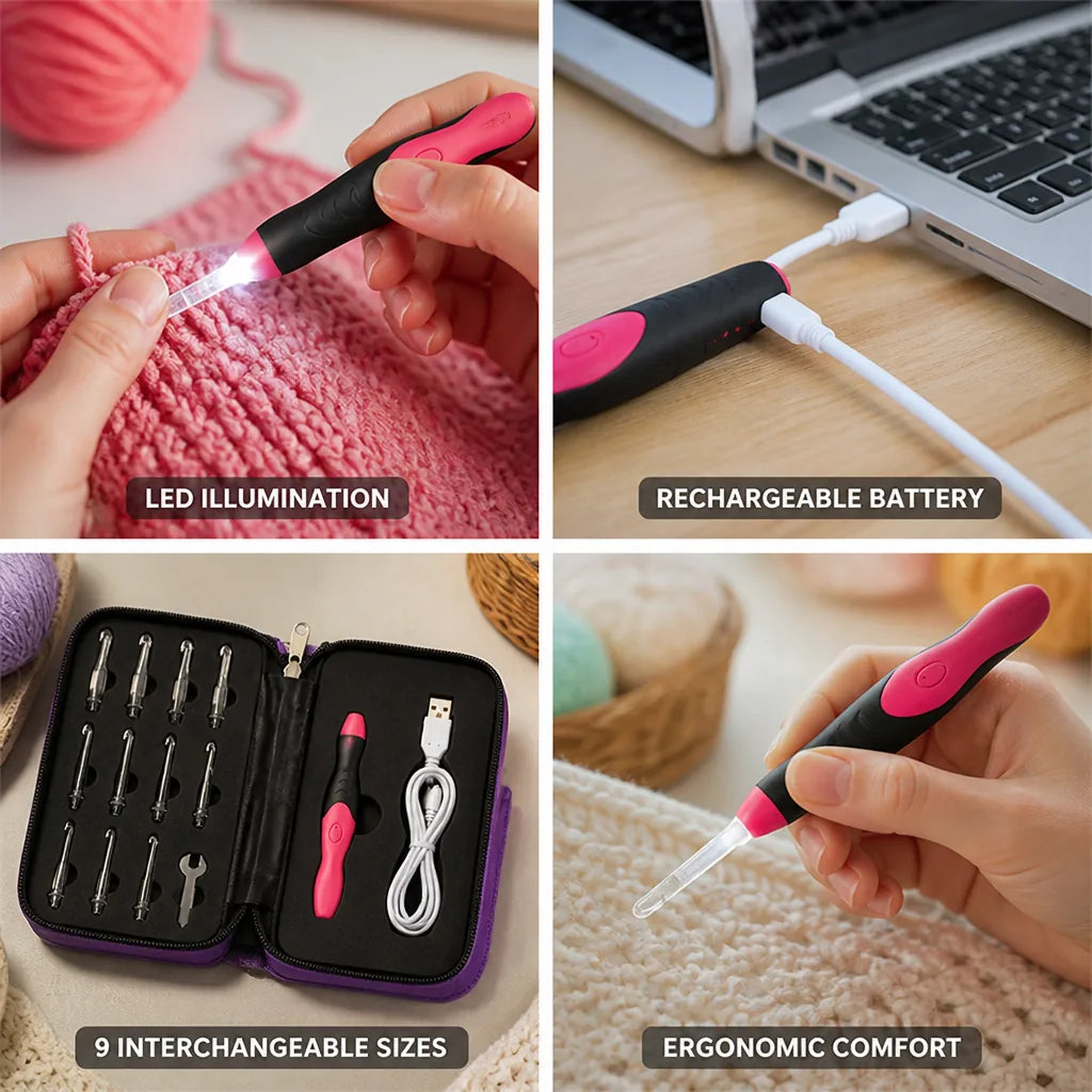 Crochet Hook Set Rechargeable LED 9 Interchangeable Tips