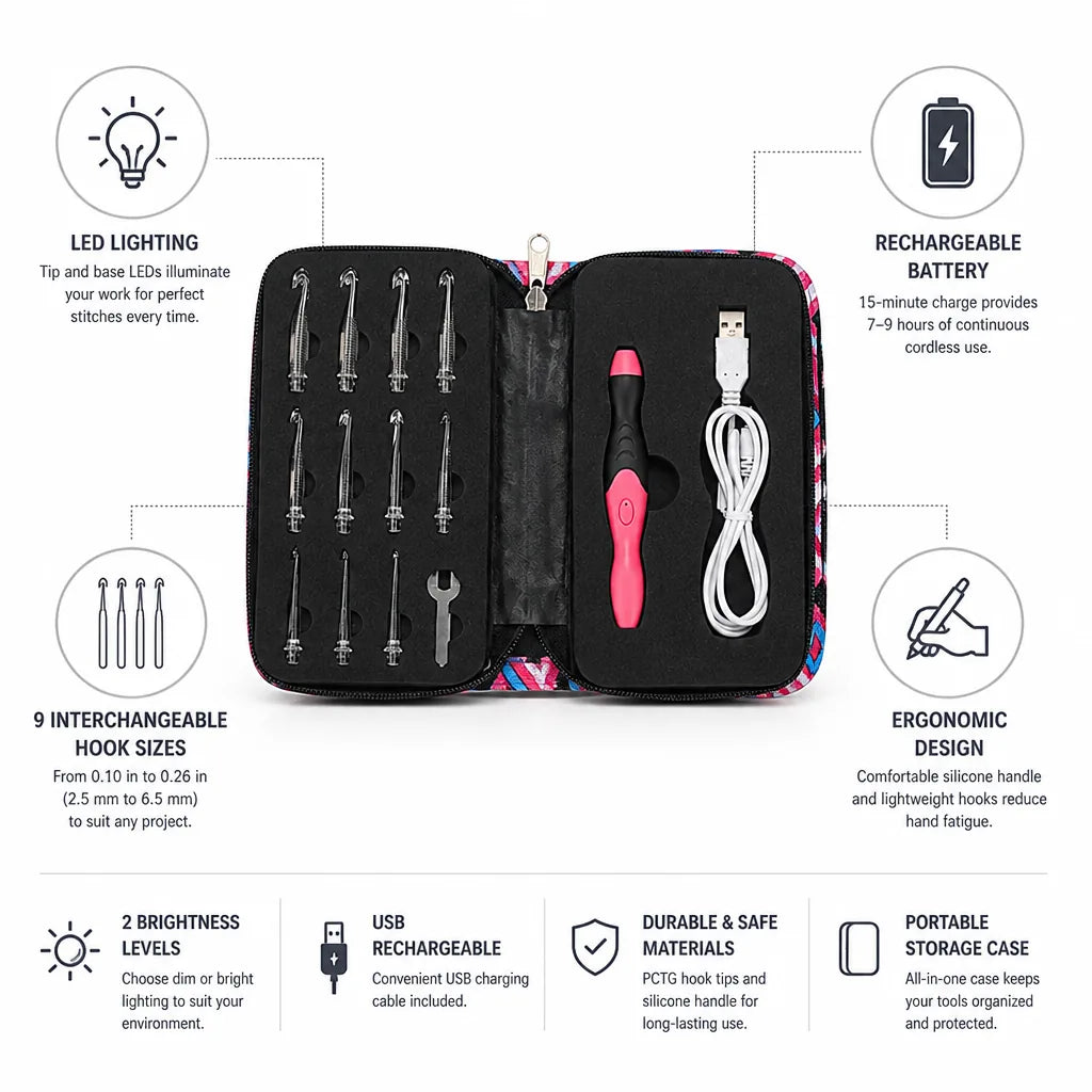 Crochet Hook Set Rechargeable LED 9 Interchangeable Tips