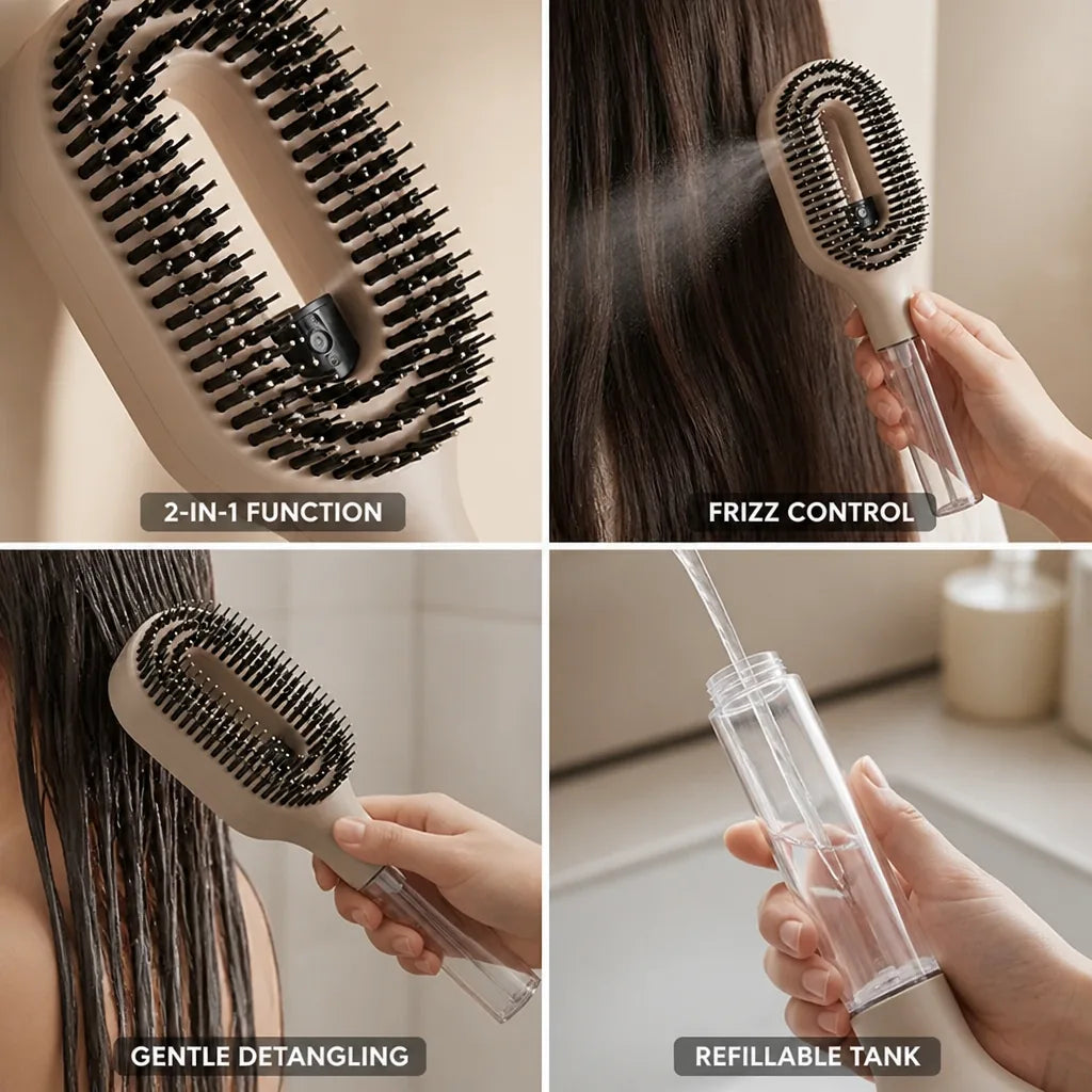 Detangling Brush Integrated Spray Mist Refillable Tank