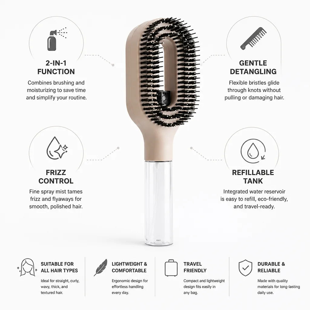 Detangling Brush Integrated Spray Mist Refillable Tank
