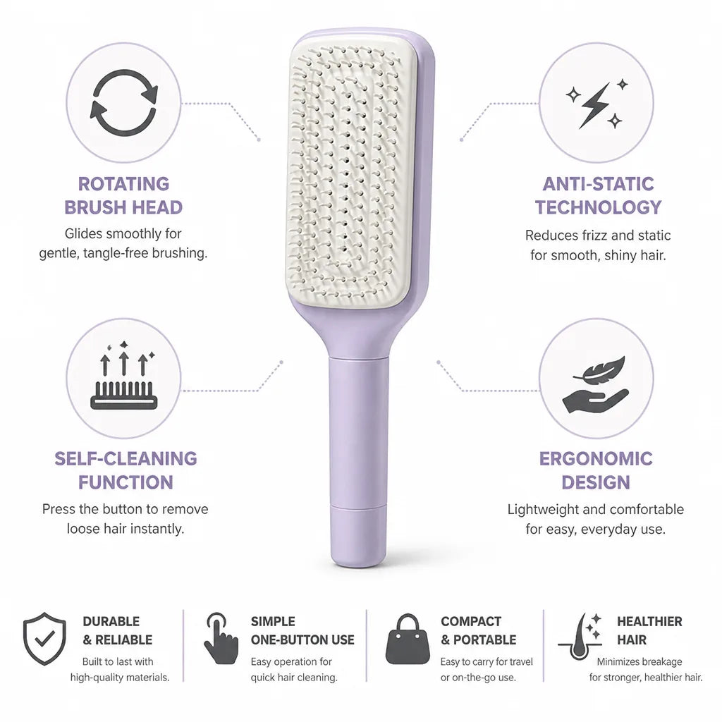 Detangling Brush Rotating Head Anti-Static & Self-Cleaning