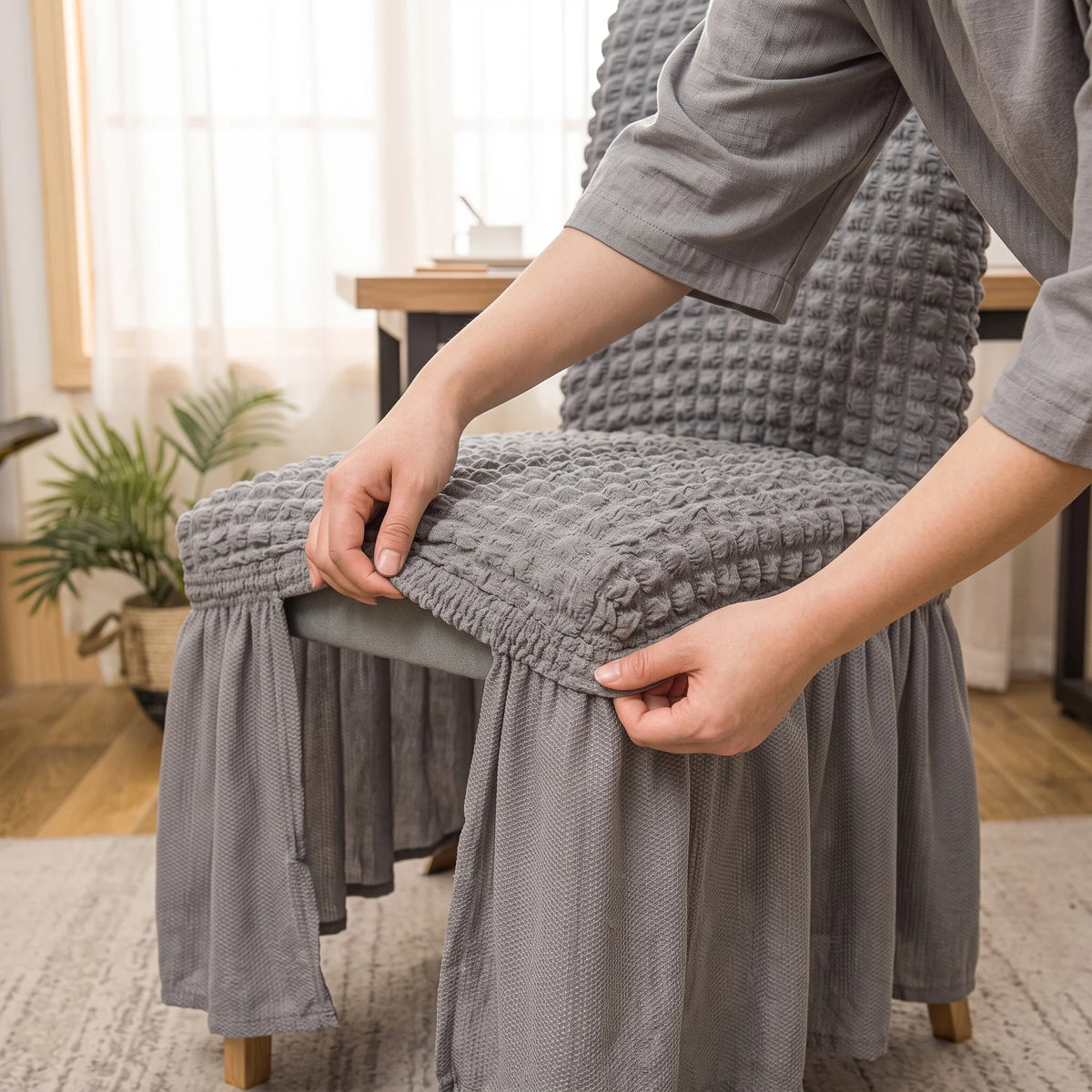 Dining Chair Cover Textured Stretch Ruffled Skirt