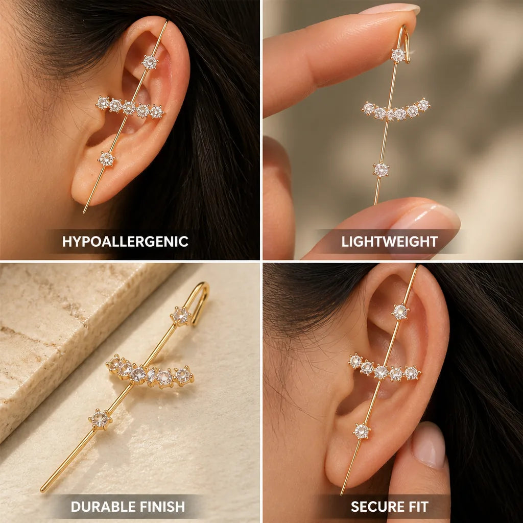 Ear Crawler Earring Hypoallergenic Rhinestone & Gold Tone