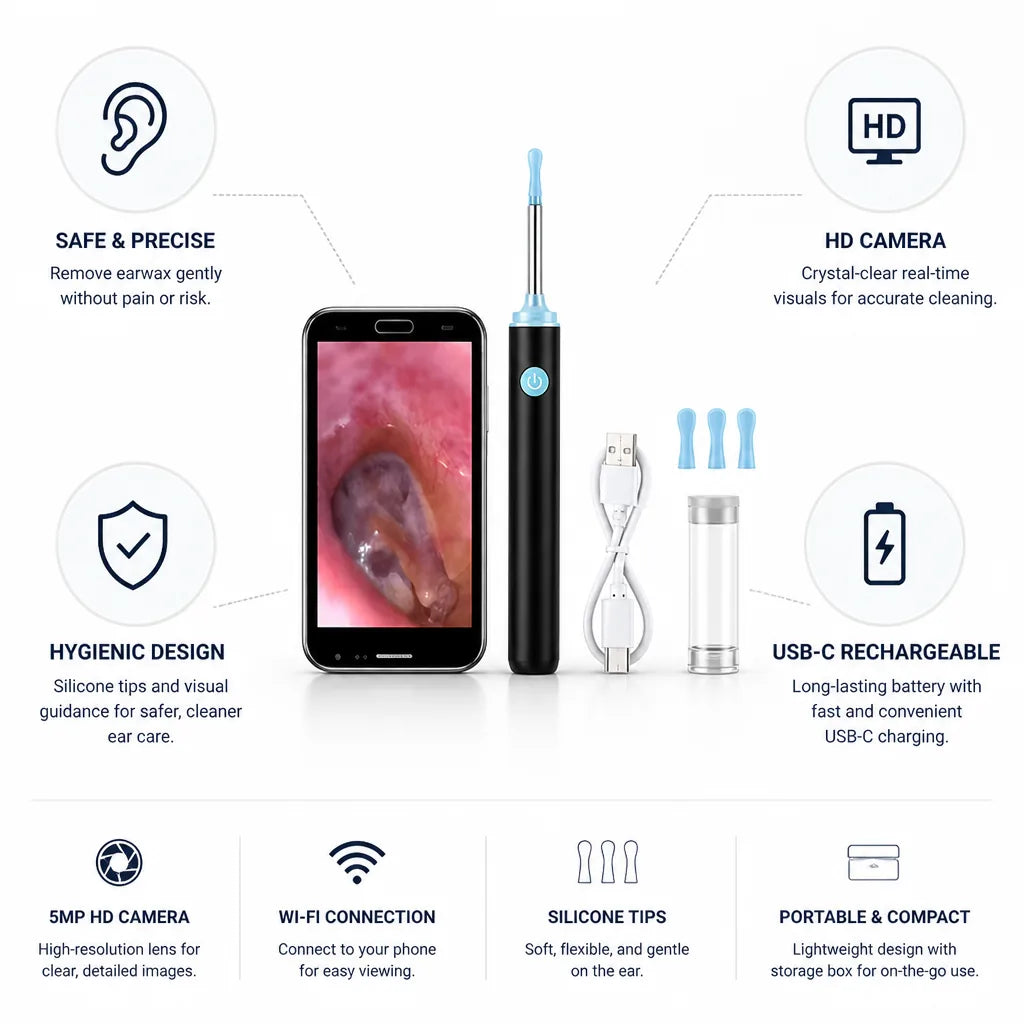 Ear Endoscope HD Camera Silicone Tips USB-C Rechargeable