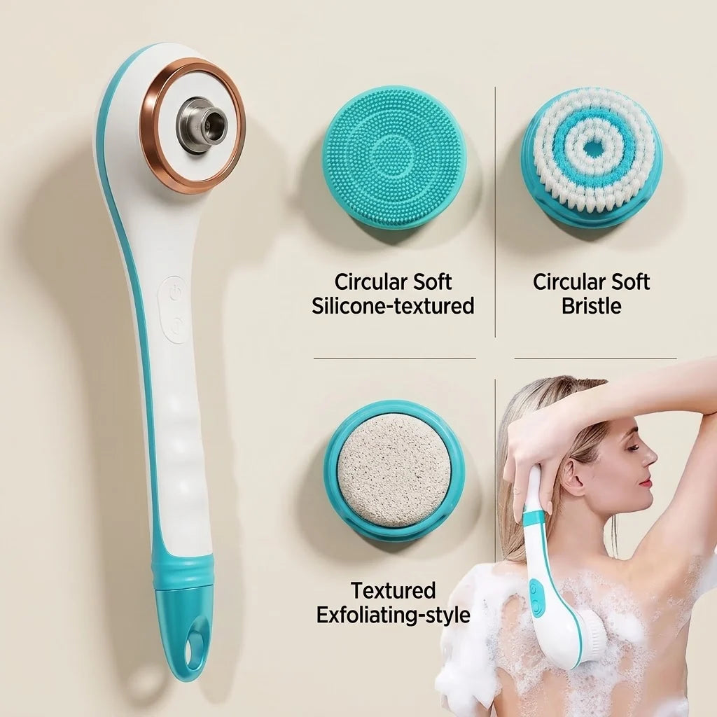 Electric Body Brush Long Handle Rotating Four Interchangeable Heads