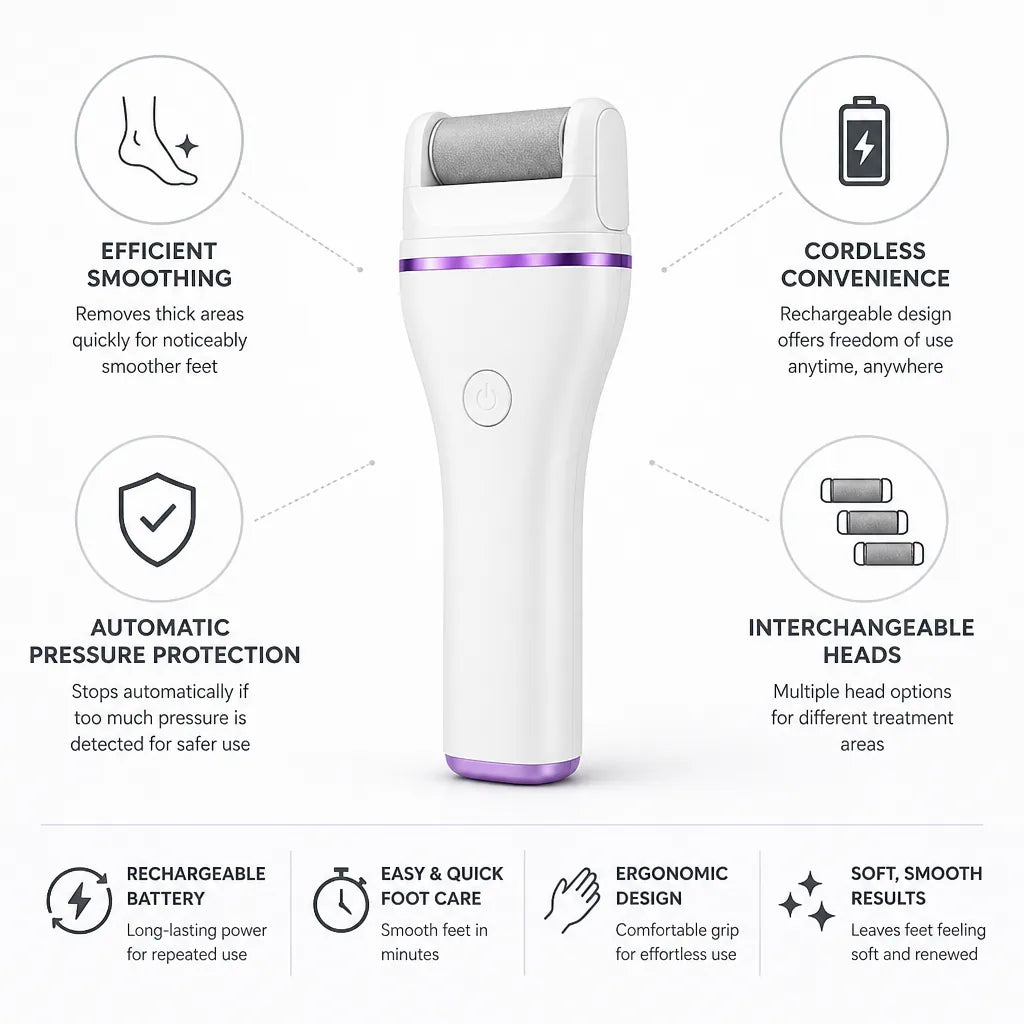 Electric Foot File Rechargeable Cordless Interchangeable Heads
