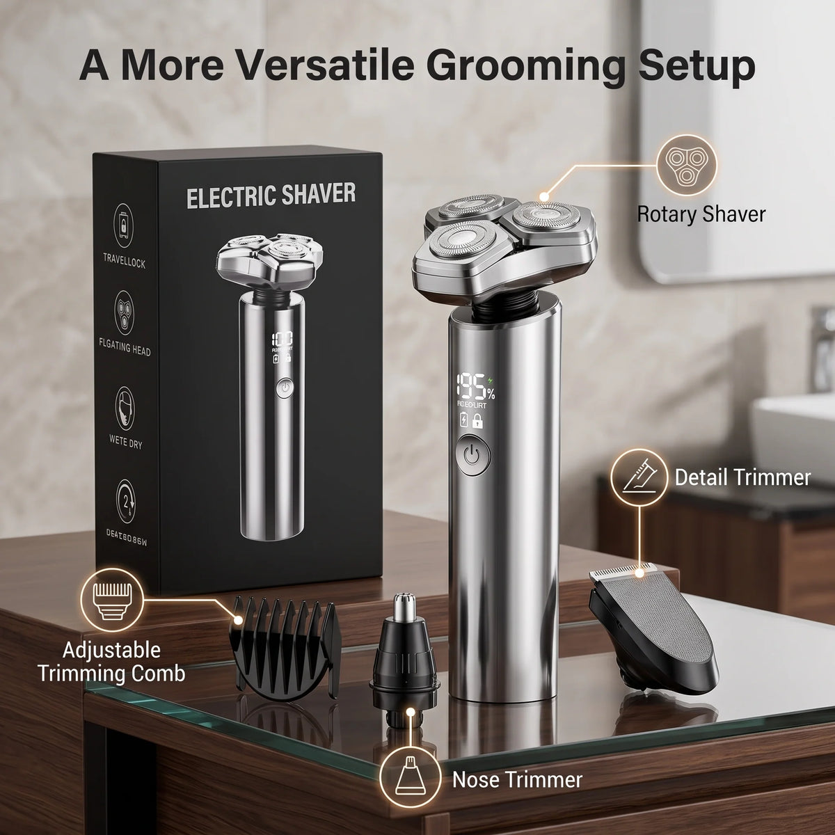 Electric Shaver 3-Head Magnetic Rotary Cordless Rechargeable