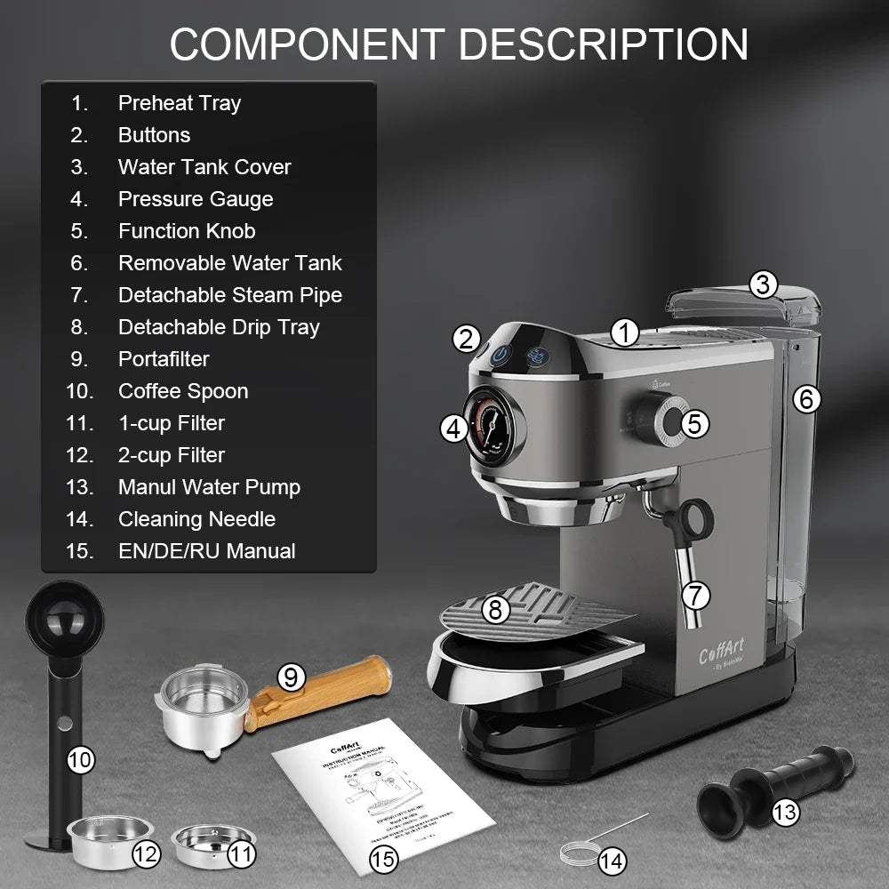 Espresso Machine 20-Bar Extraction Steam Frother Removable Base