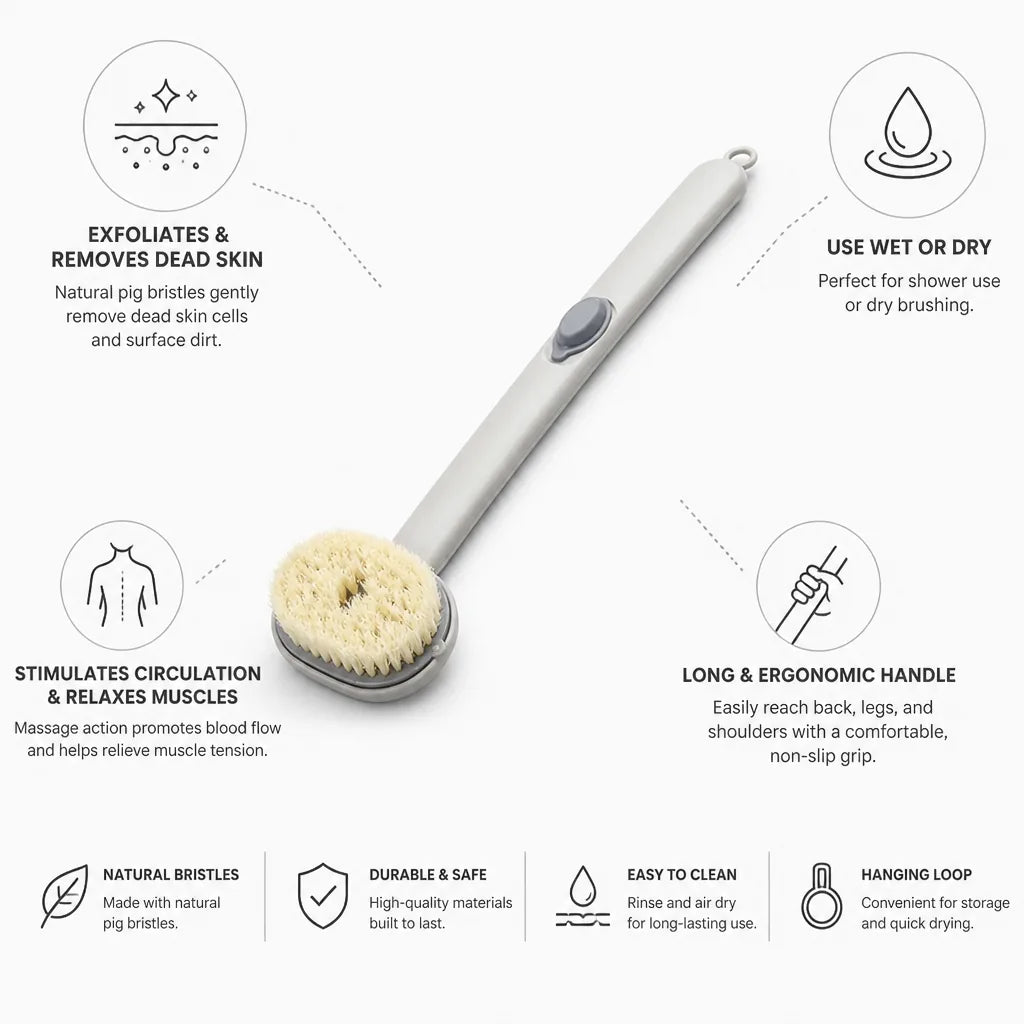 Exfoliating Body Brush Long Handle Natural Bristles