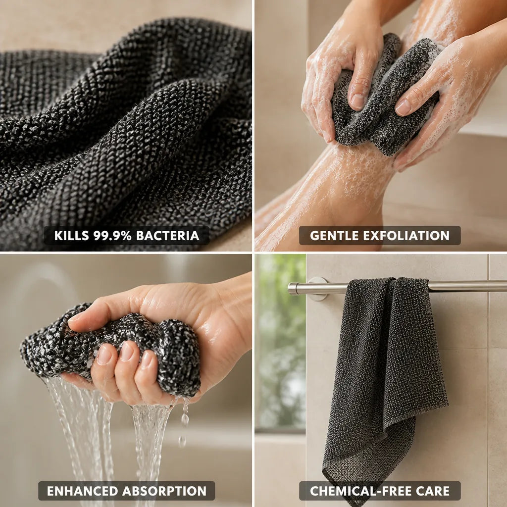 Exfoliating Shower Towel Carbon Fiber Kills 99.9% Bacteria