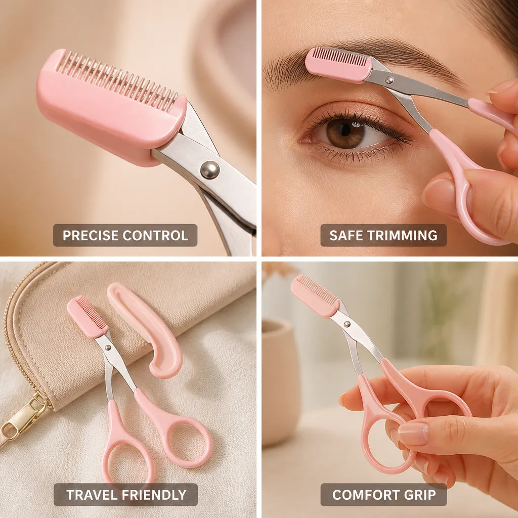 Eyebrow Scissors Built-In Comb Curved Stainless Steel Ergonomic Handle