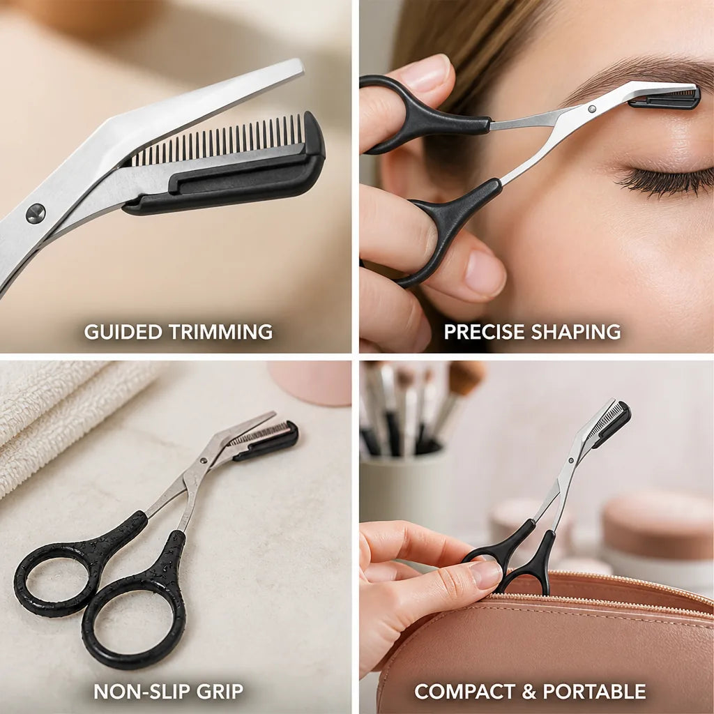 Eyebrow Trimmer Scissors Built-In Guide Comb & Non-Slip Handle