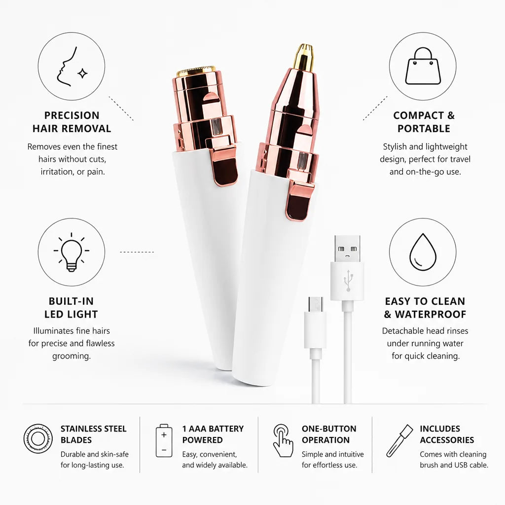 Facial & Eyebrow Trimmer Stainless Steel Blades LED Light
