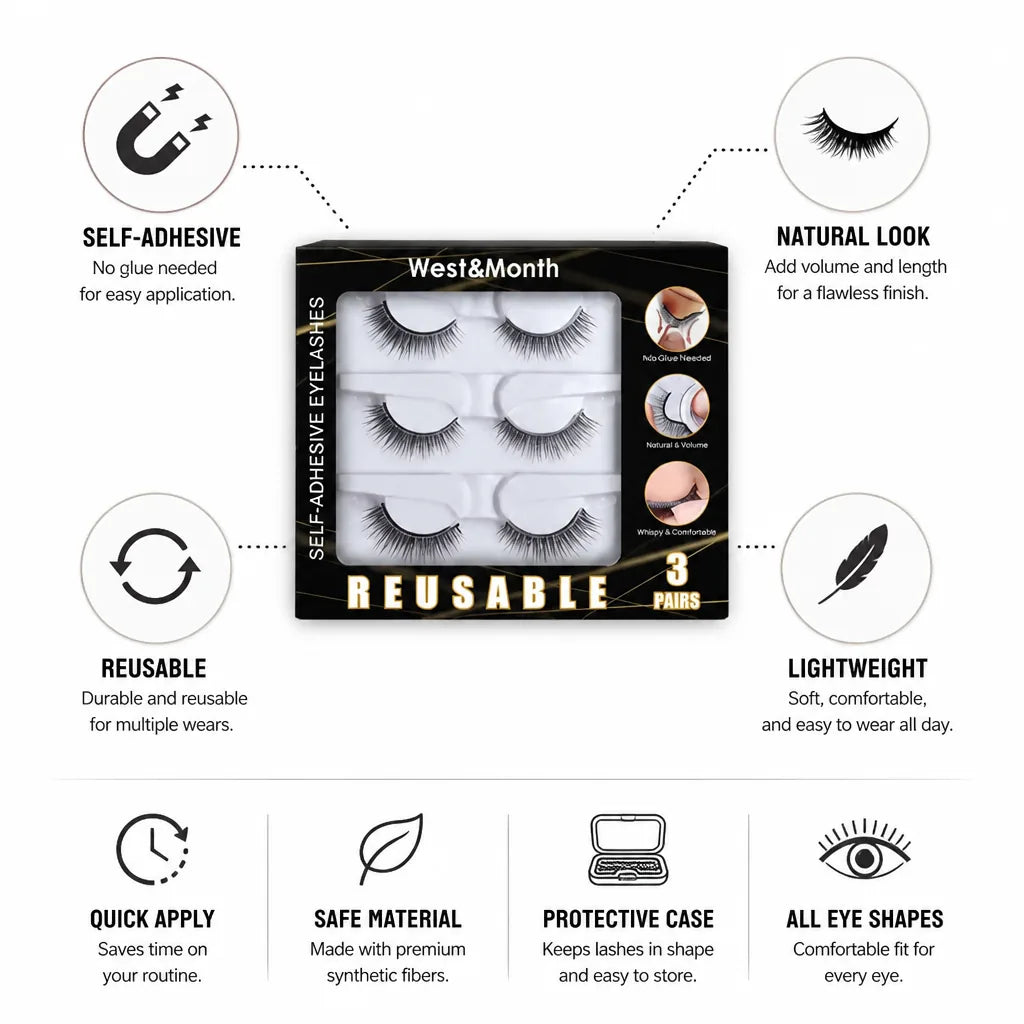 False Lashes Self-Adhesive Natural Reusable 3 Pairs