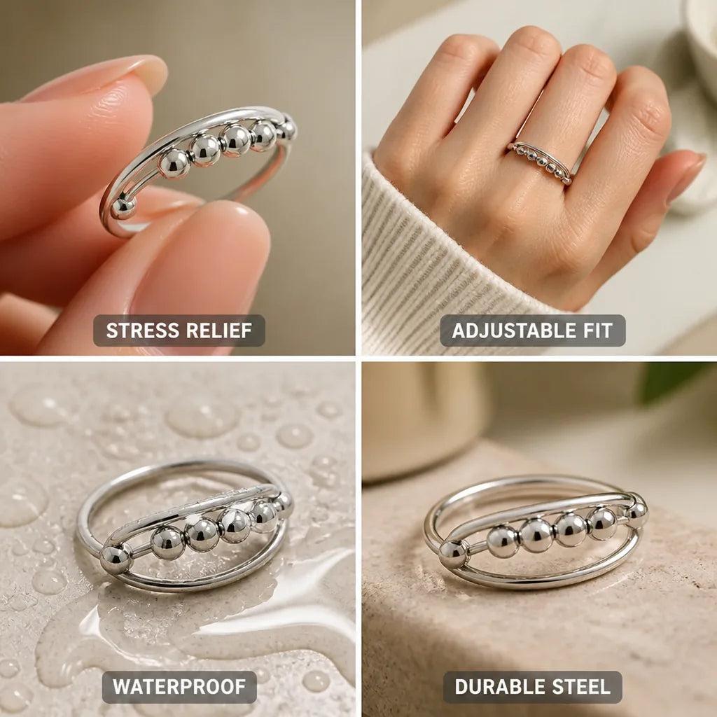 Fidget Ring Adjustable 360 Degree Rotating Beads 316L Stainless Steel
