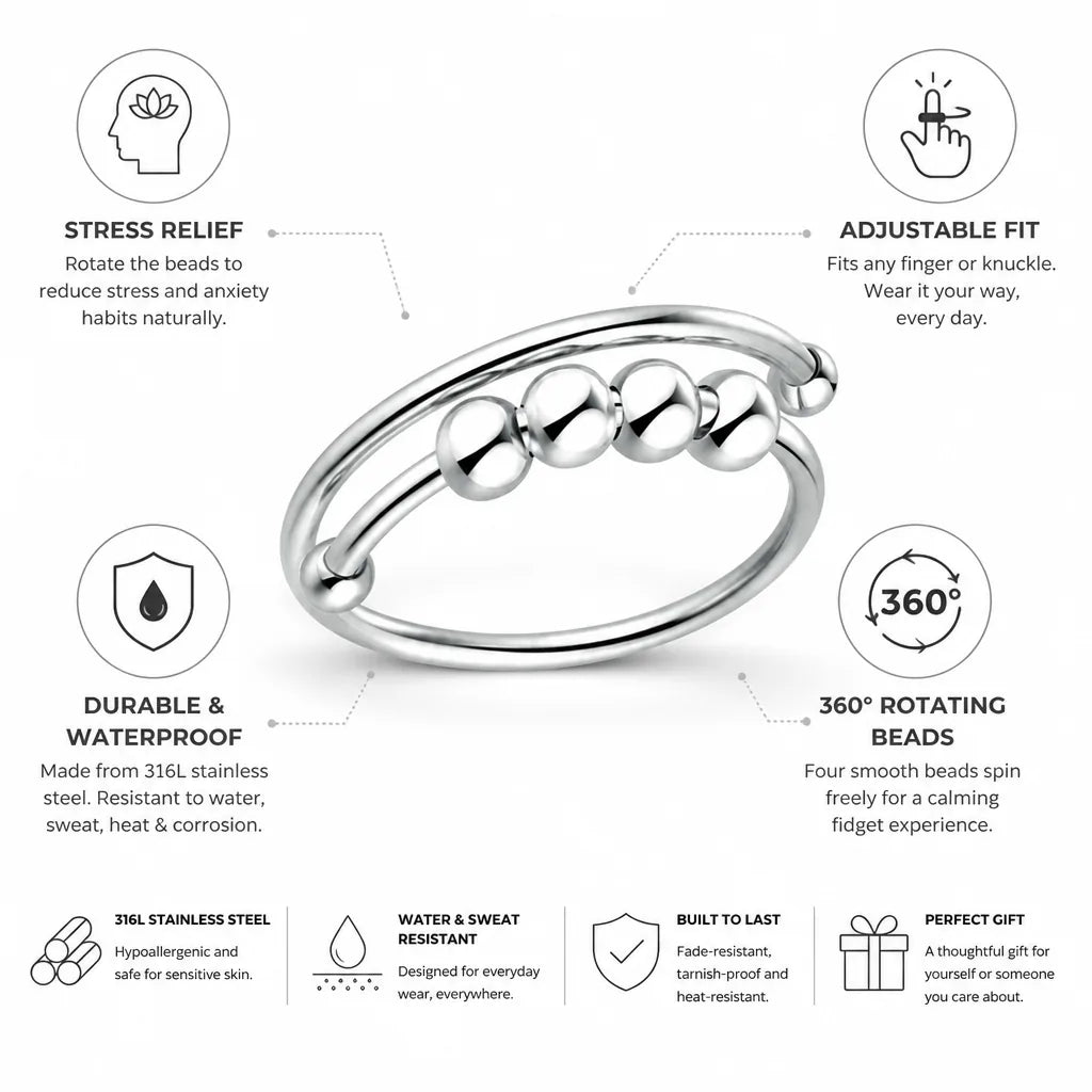 Fidget Ring Adjustable 360 Degree Rotating Beads 316L Stainless Steel