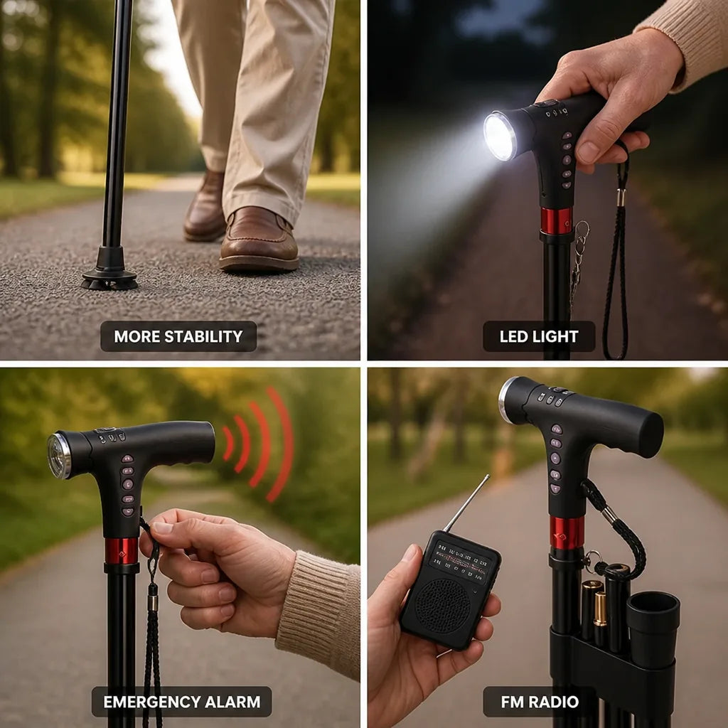 Folding Cane 30% More Stability LED & FM Radio