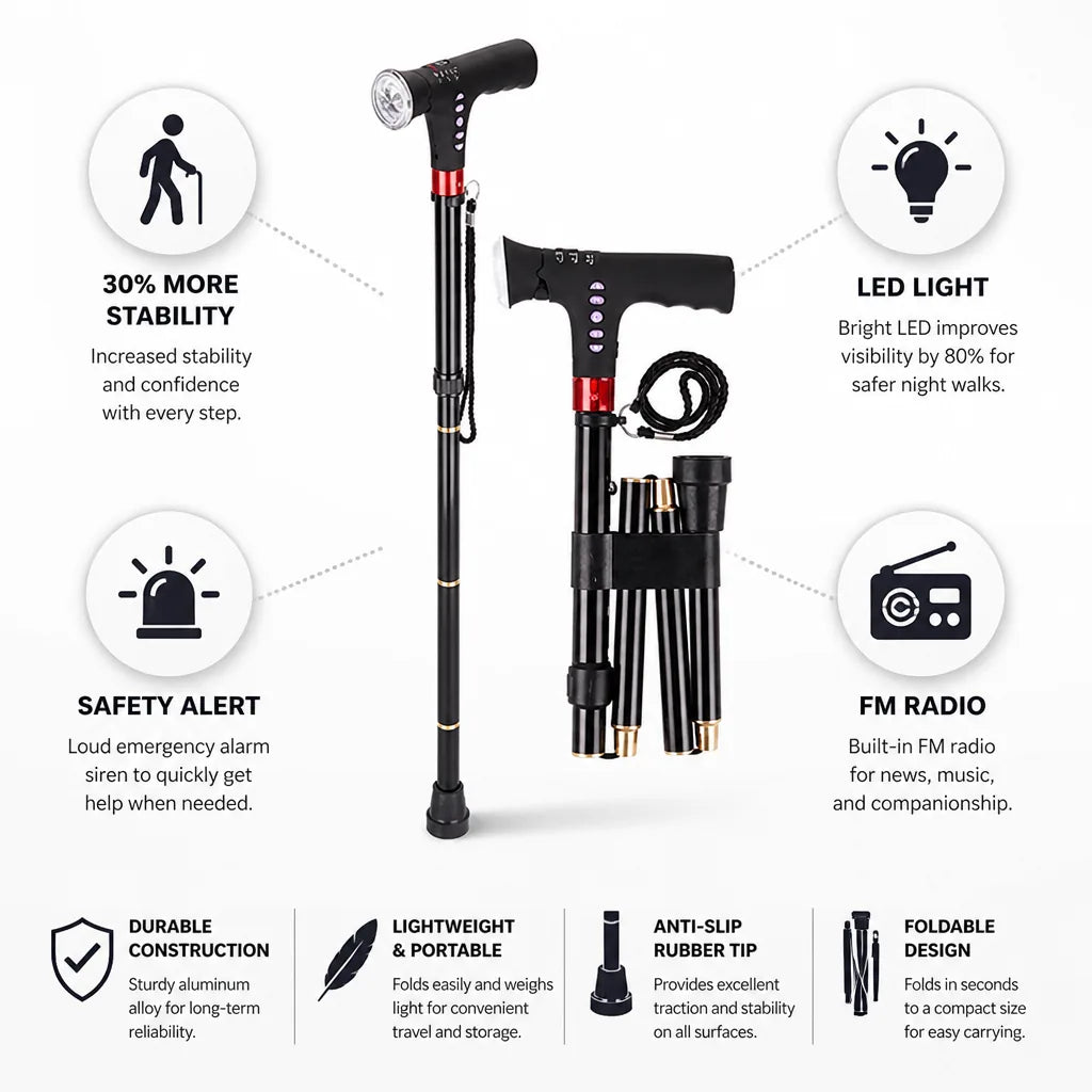 Folding Cane 30% More Stability LED & FM Radio