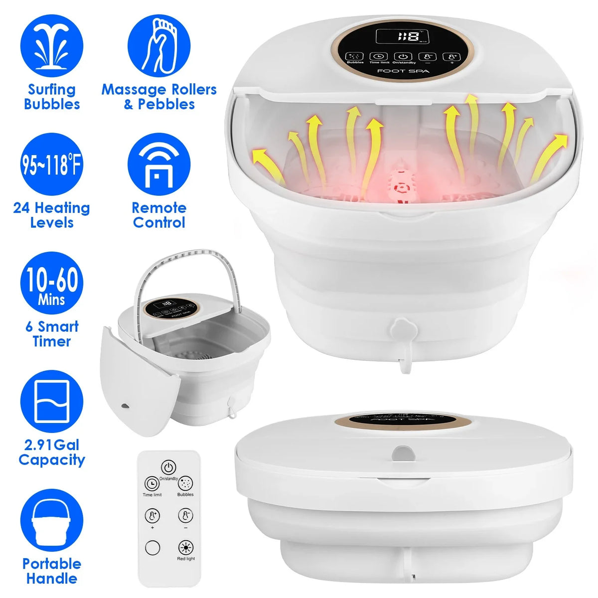 Foot Spa Collapsible Heated 11L Massage & Bubbles