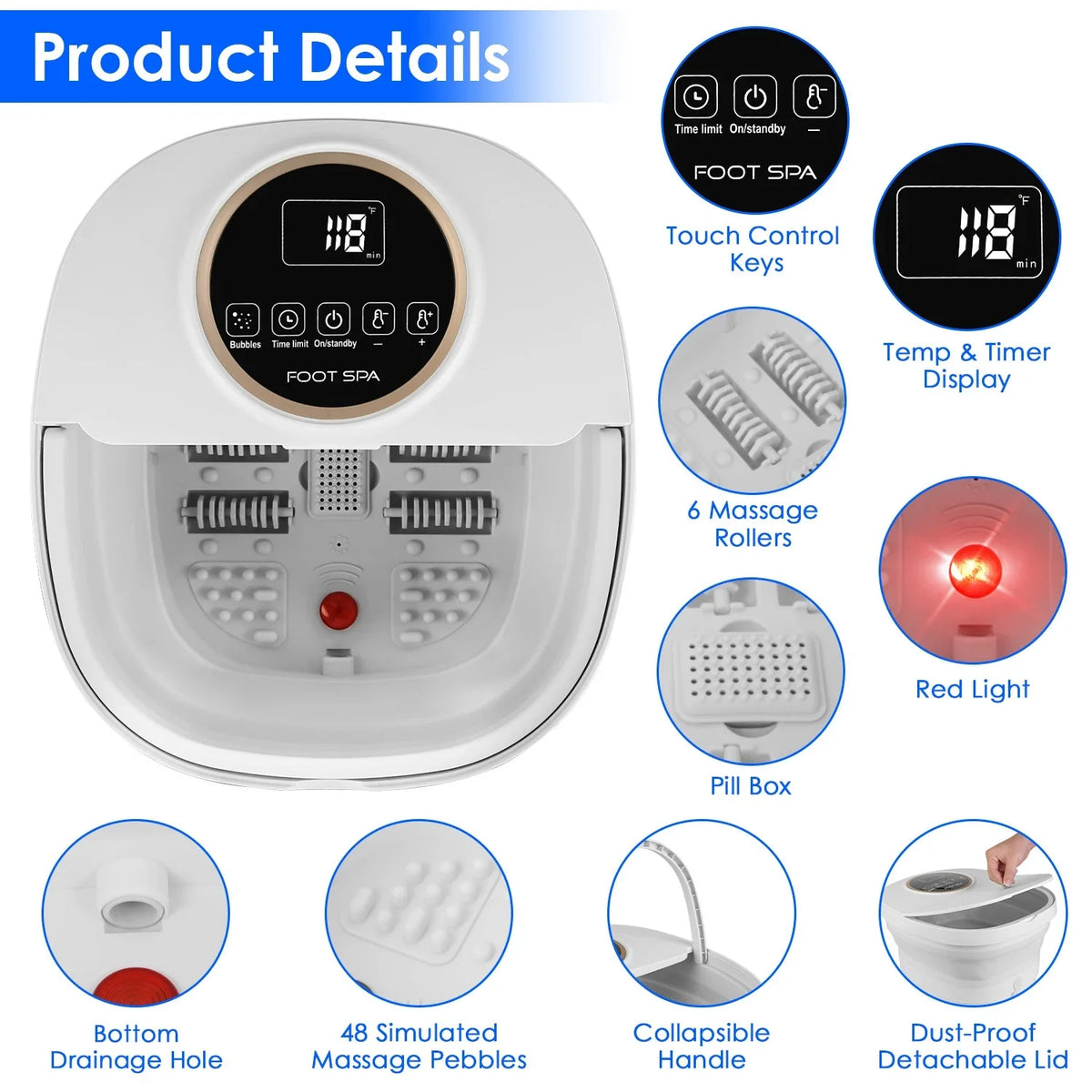 Foot Spa Collapsible Heated 11L Massage & Bubbles