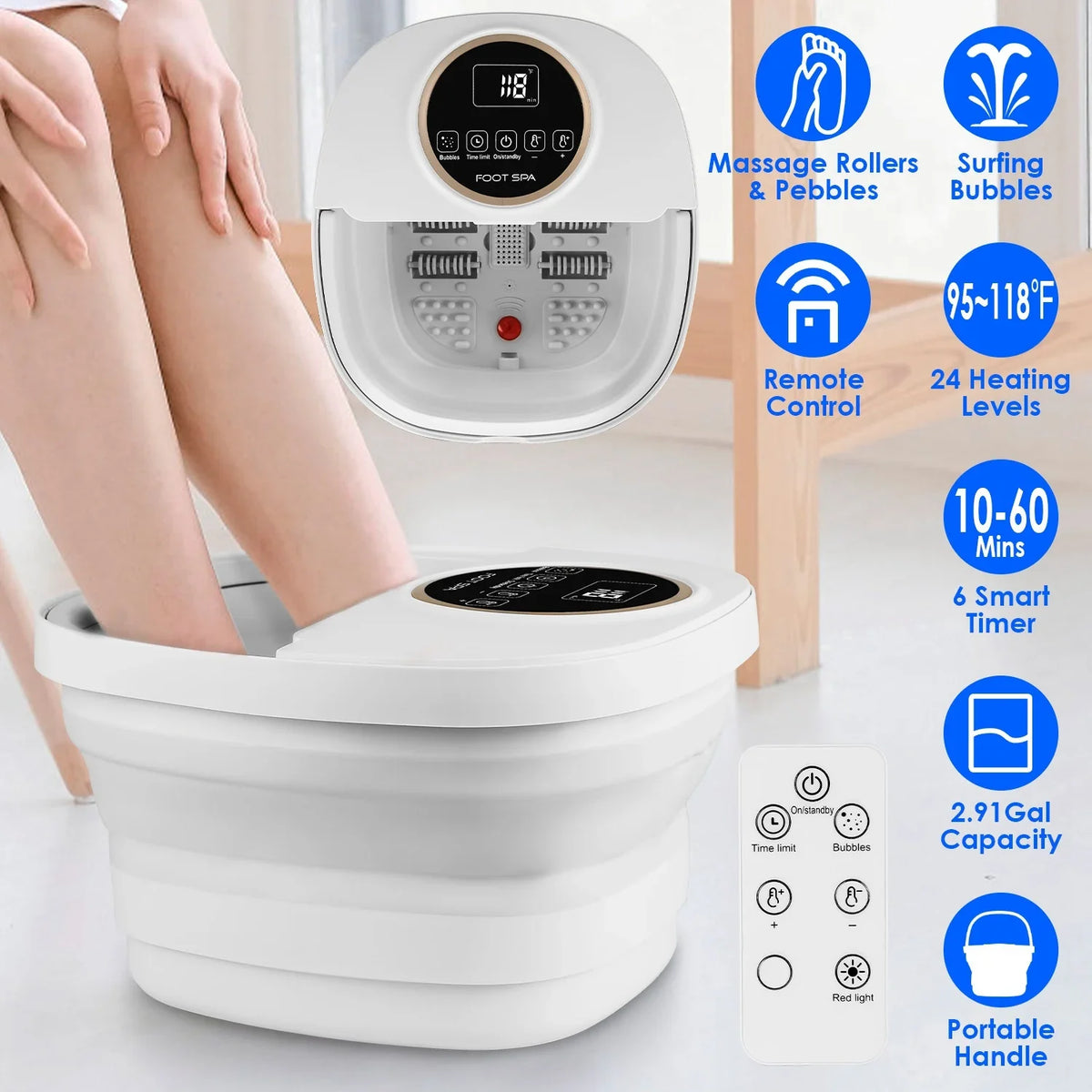 Foot Spa Collapsible Heated 11L Massage & Bubbles