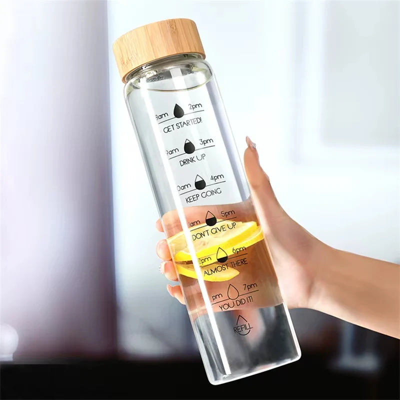 Glass Water Bottle Time Markings Borosilicate Leakproof Bamboo Lid