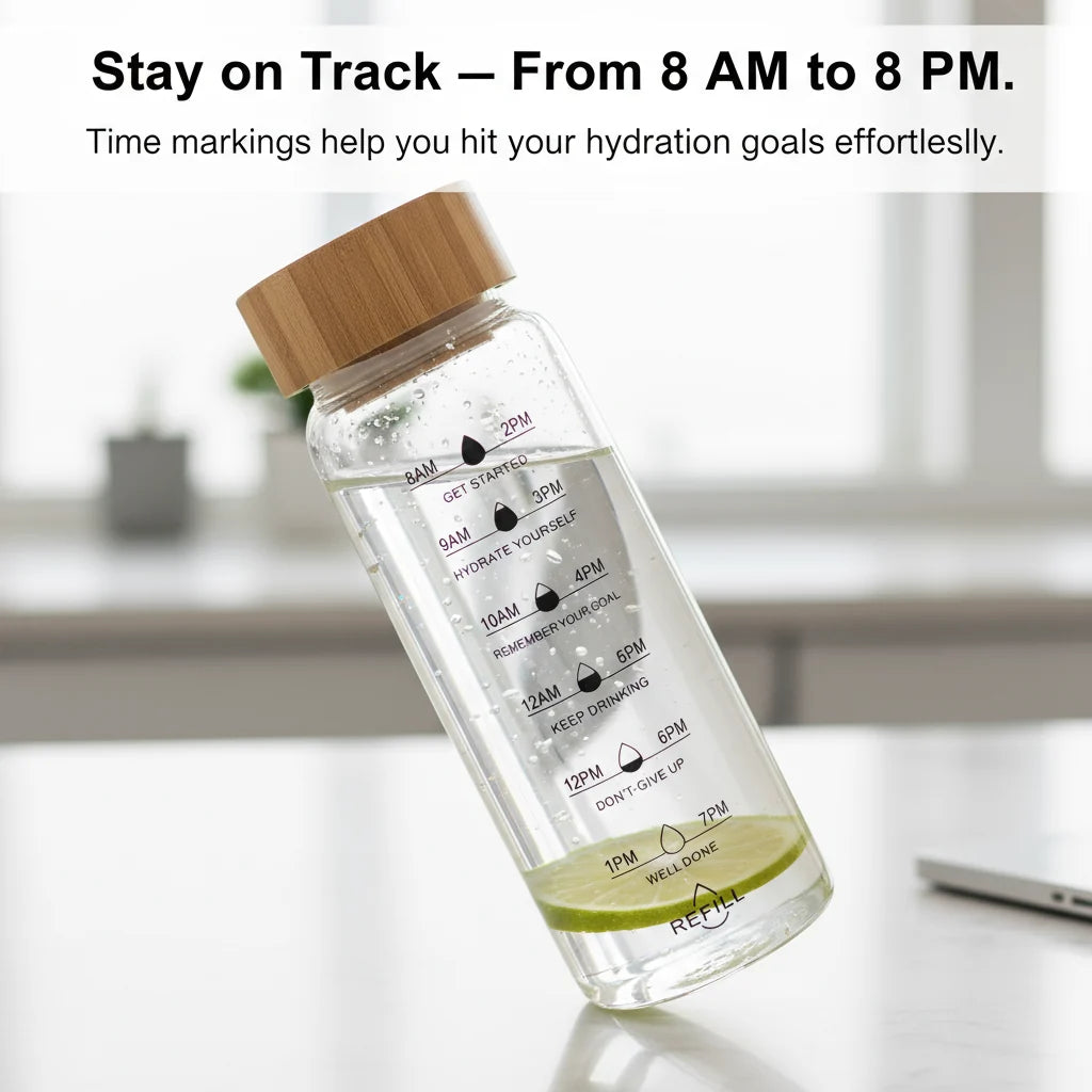 Glass Water Bottle Time Markings Borosilicate Leakproof Bamboo Lid
