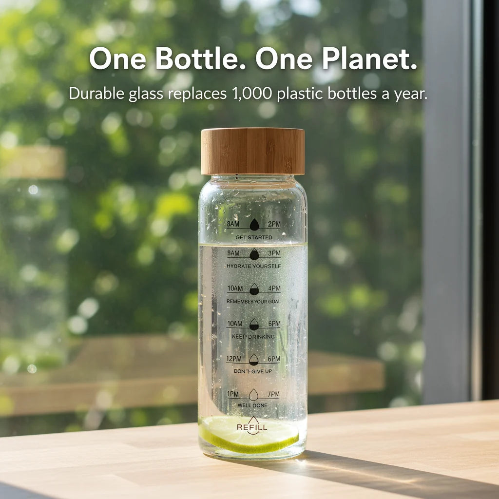 Glass Water Bottle Time Markings Borosilicate Leakproof Bamboo Lid
