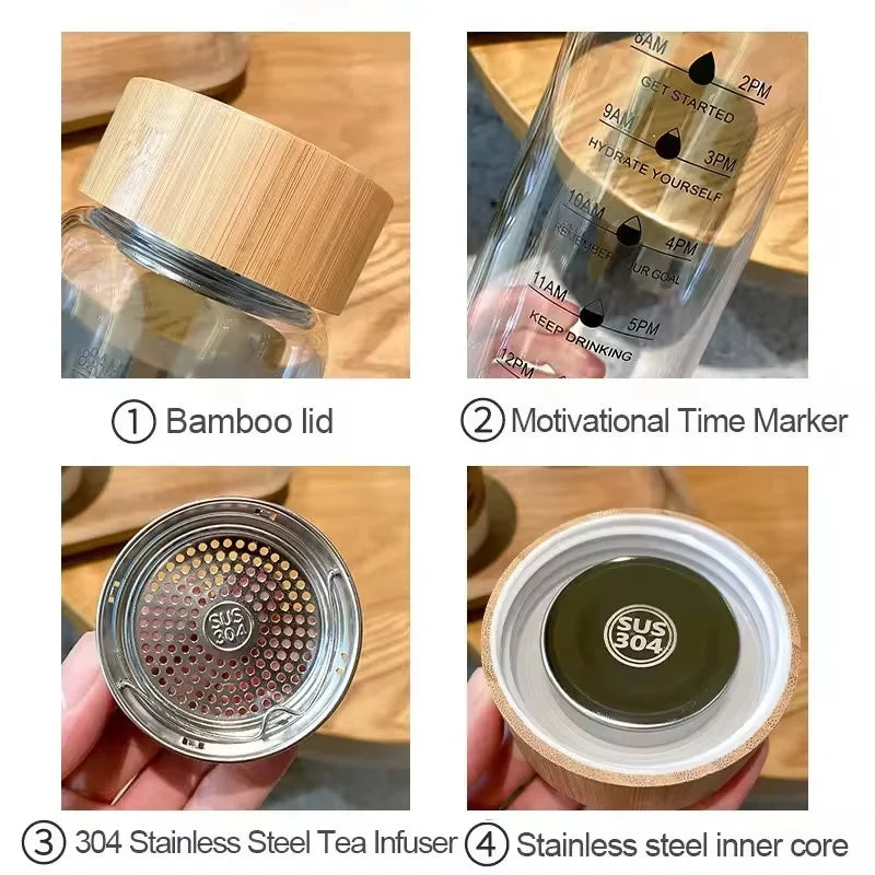 Glass Water Bottle Time Markings Borosilicate Leakproof Bamboo Lid