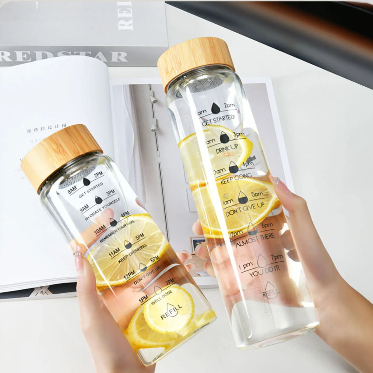 Glass Water Bottle Time Markings Borosilicate Leakproof Bamboo Lid