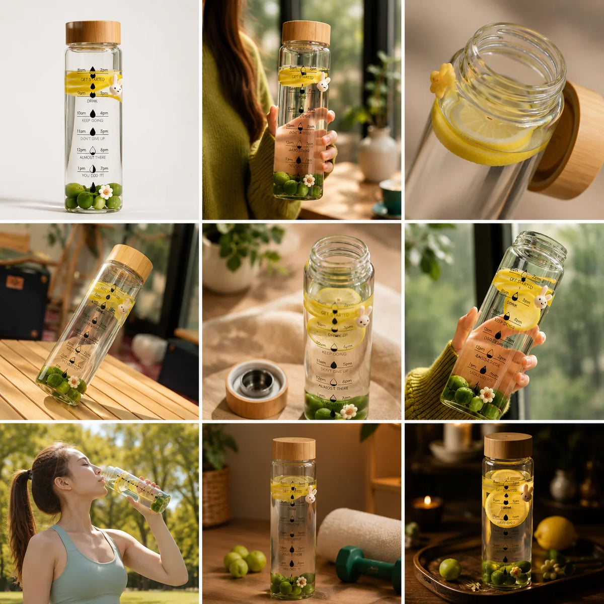 Glass Water Bottle Time Markings Borosilicate Leakproof Bamboo Lid