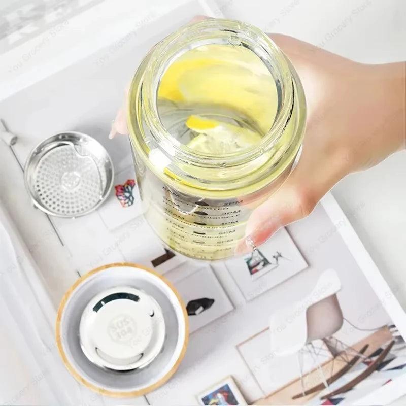 Glass Water Bottle Time Markings Borosilicate Leakproof Bamboo Lid